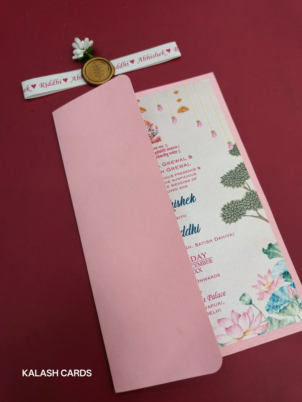 KL2226 Minimal Floral Design Wedding Card with Flower Seal and Band (1 Page)-Kalash Cards