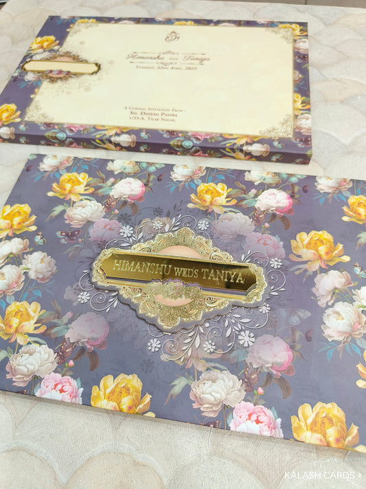 KLB736 Floral Design Hardbound Padding Thick Wedding Card with Couple Name Acrylic Mirror-Kalash Cards