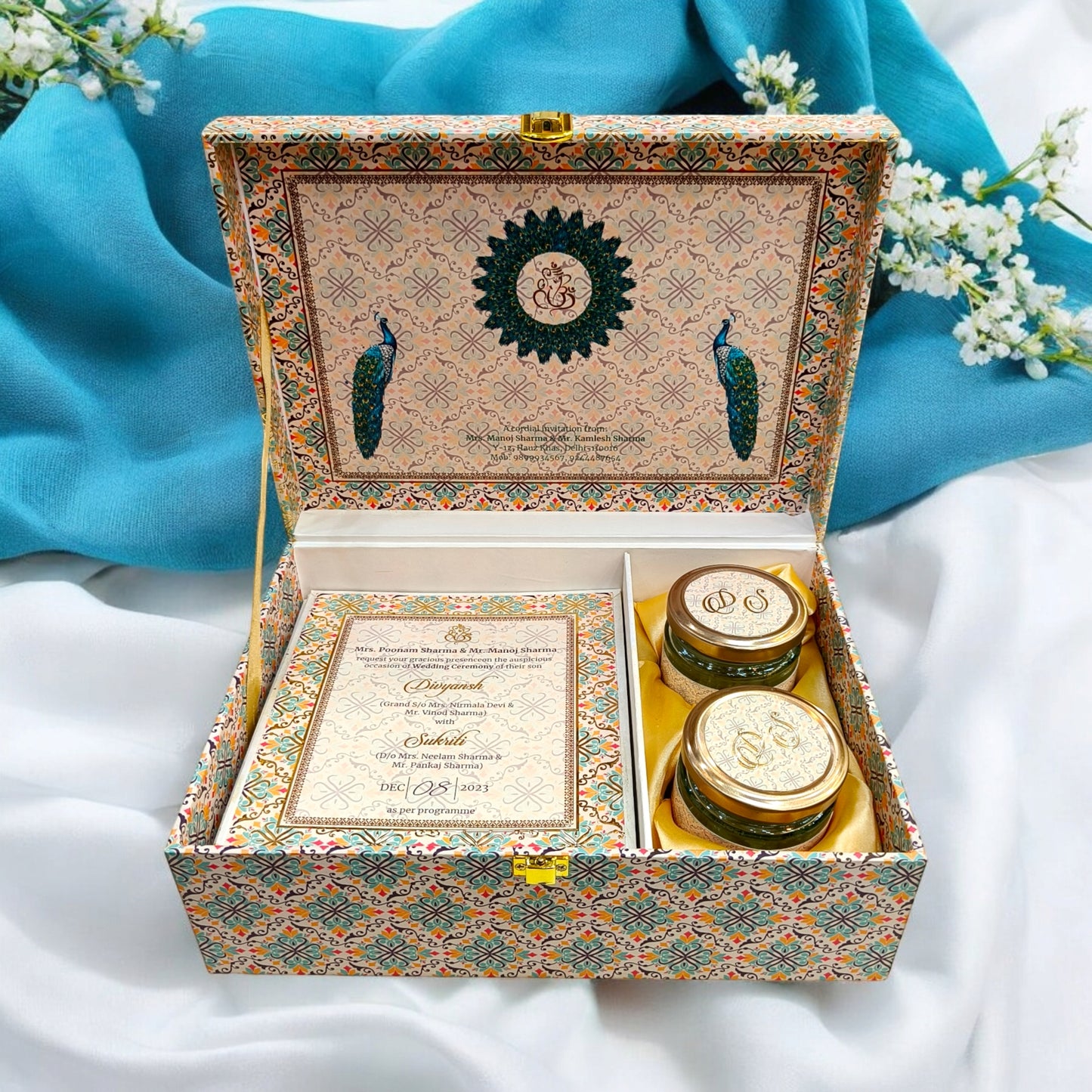 KL9033B Traditional Peacock Design Luxury MDF Gift Box with 2 Printed Inserts (2 Jars)-Kalash Cards