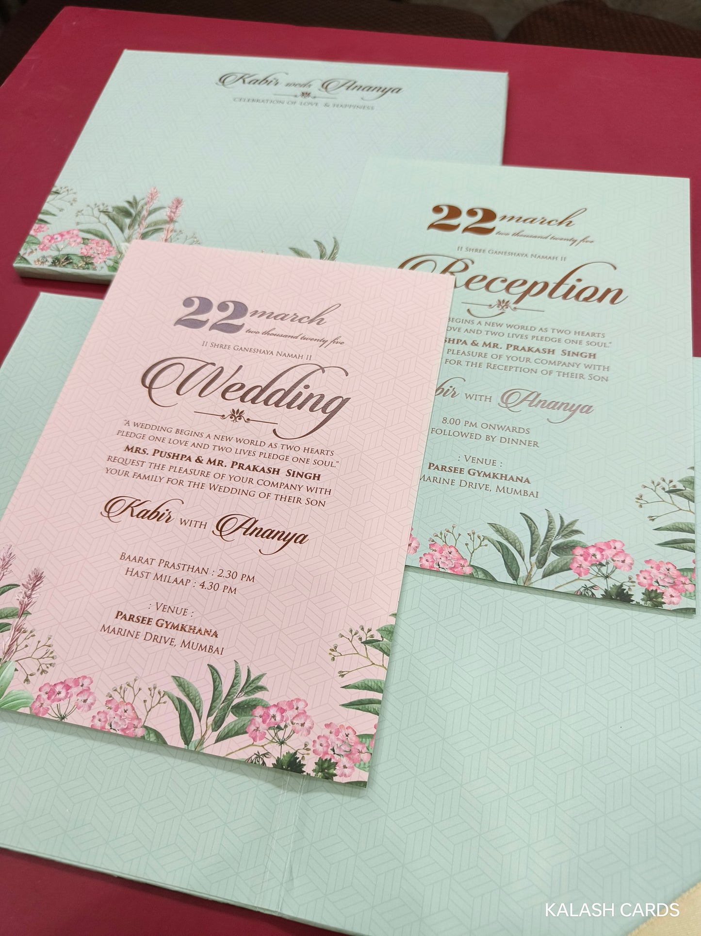 KLB696* Luxury Floral Border Design Hardbound Padding Thick Wedding Card with Couple Name Acrylic Mirror-Kalash Cards