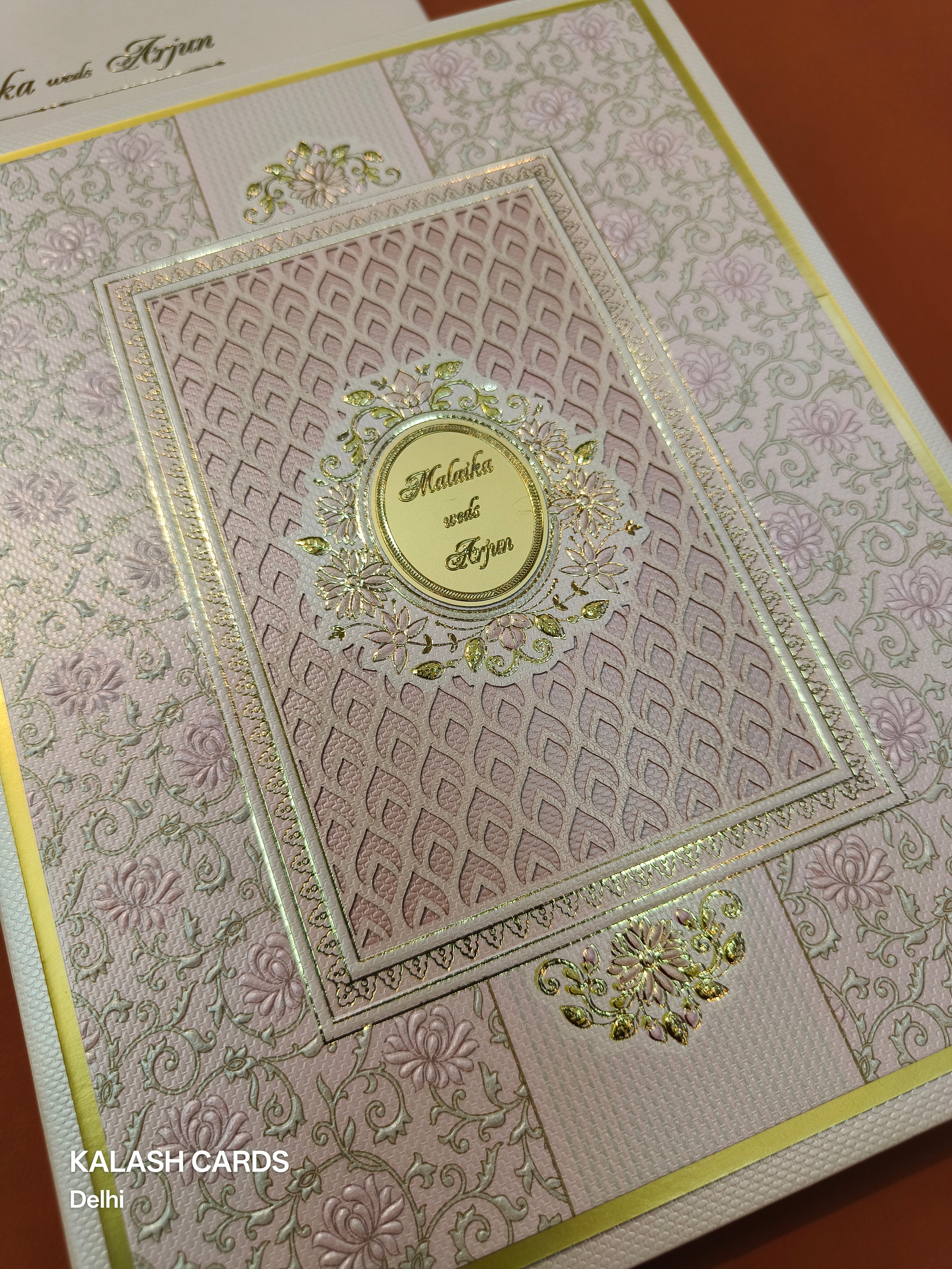 KLB528 Light Pink Jharokha Theme Laser Cut Work Hardboard Padding Thick Wedding Card (2 Thick Page & Couple Name)-Kalash Cards