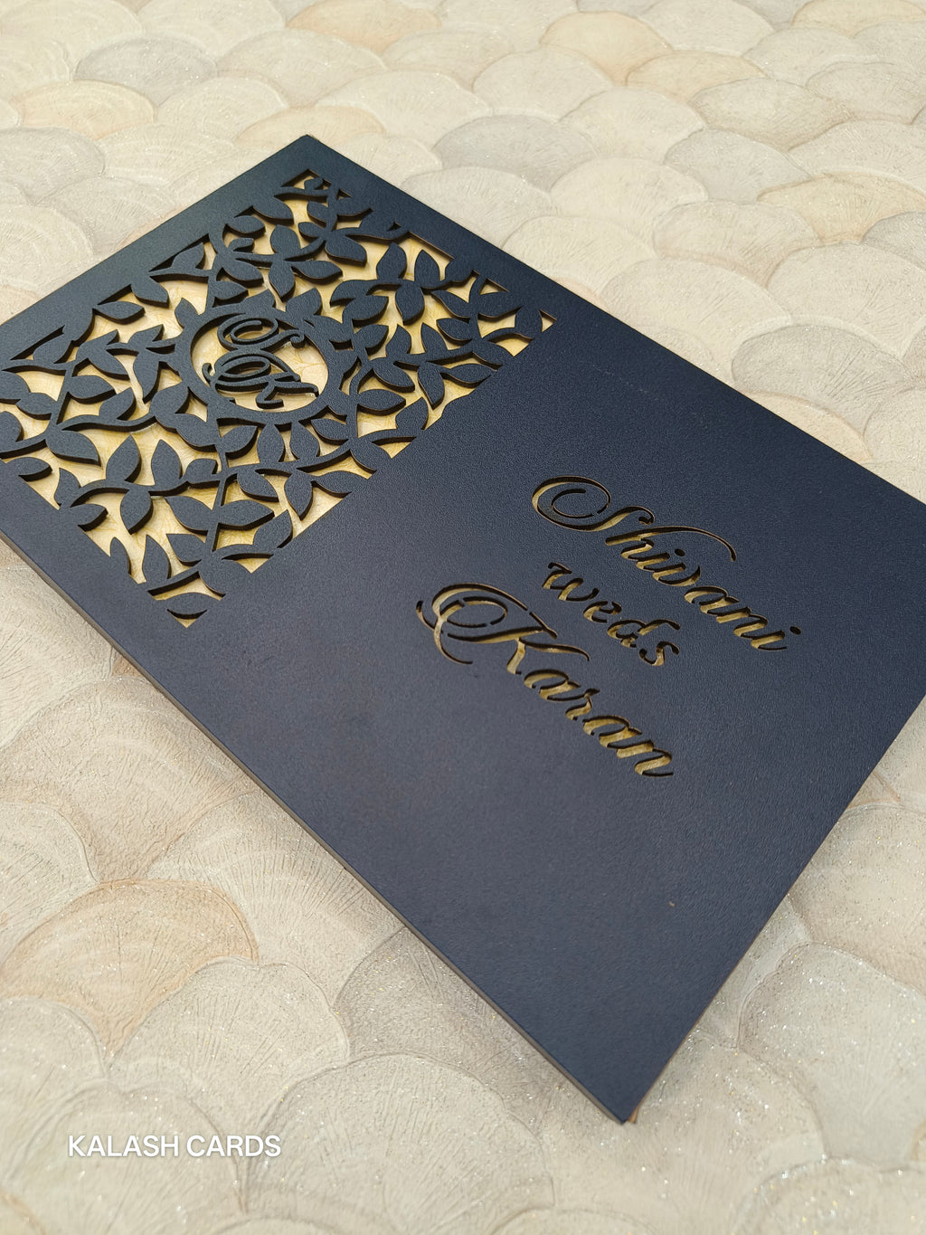 KLB599 Royal Blue Floral Design Lasercut Luxury Wooden Wedding Card with 2 Fold Page Inserts and Lasercut Couple Name-Kalash Cards