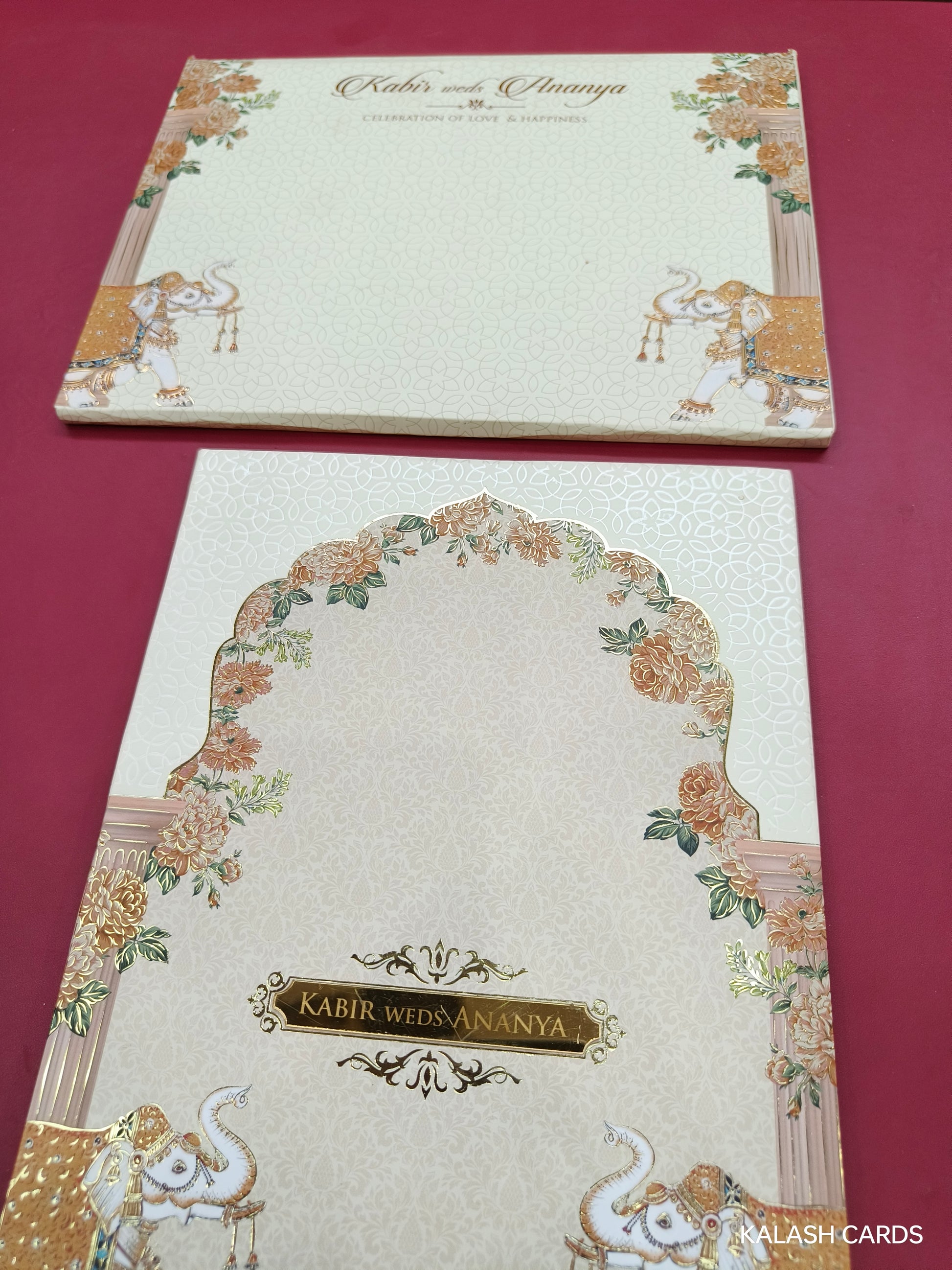 KLB694* Luxury Floral Elephant Design Hardbound Padding Thick Wedding Card with Couple Name Acrylic Mirror-Kalash Cards