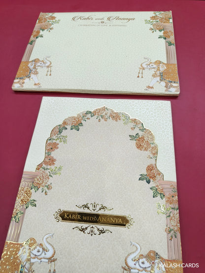 KLB694* Luxury Floral Elephant Design Hardbound Padding Thick Wedding Card with Couple Name Acrylic Mirror-Kalash Cards