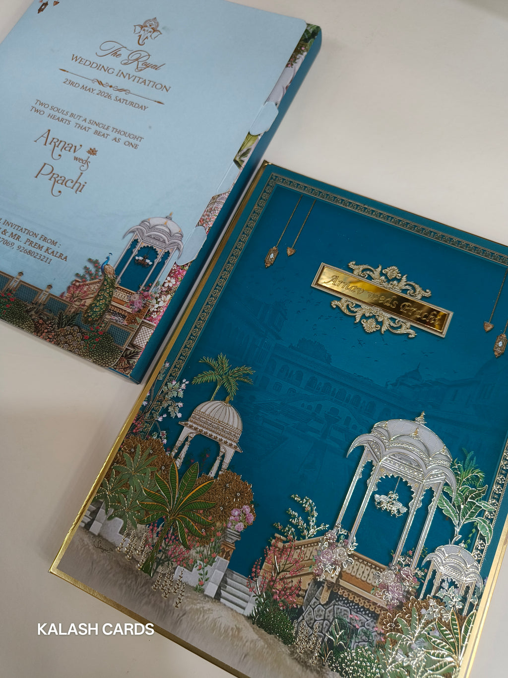 KLB520 Royal Fort Pichwai Theme Hardboard Padding Thick Wedding Card (2 Page & 1 Etched Mirror)-Kalash Cards