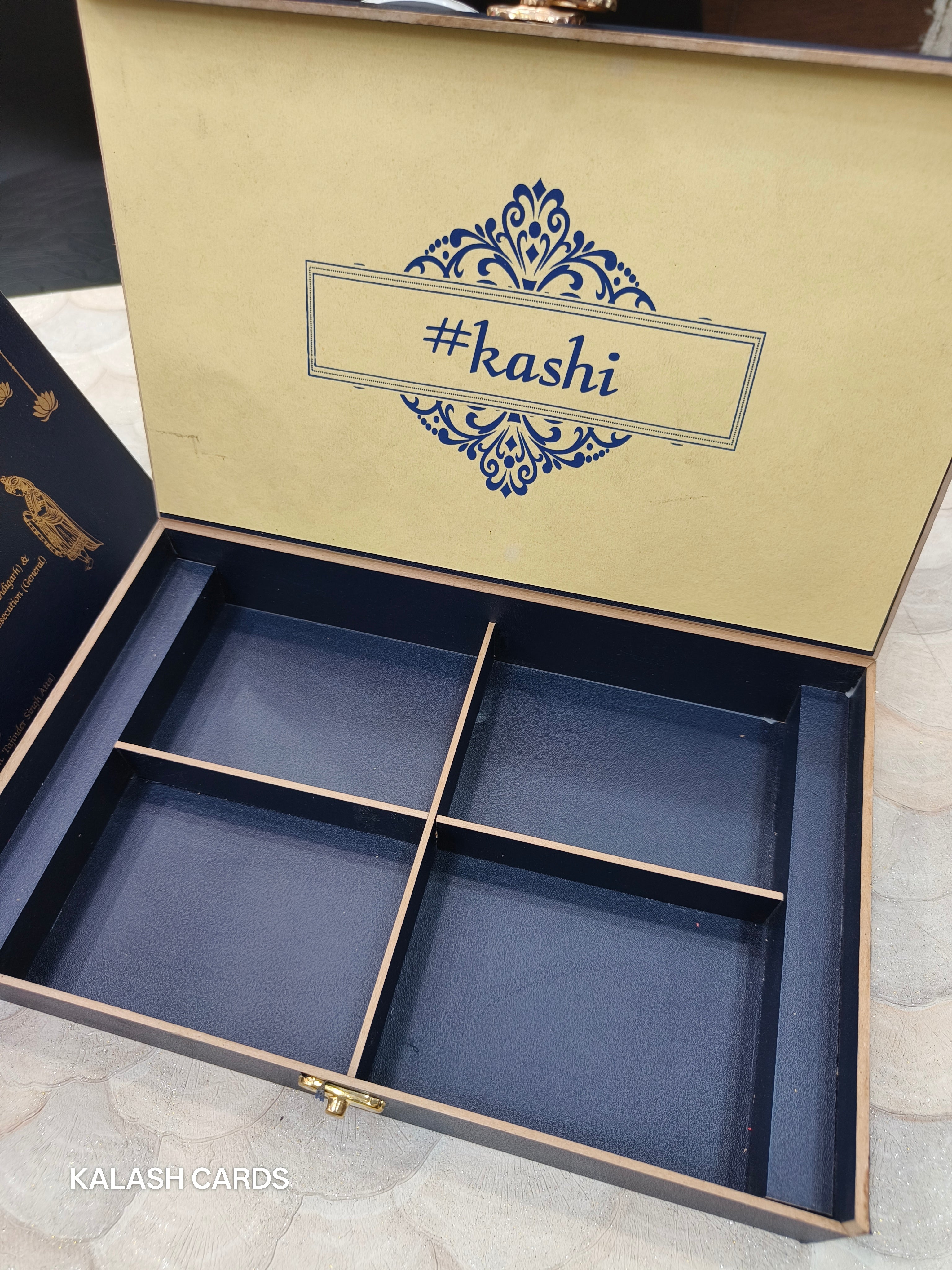 KL9003 Royal Blue Floral Design Lasercut Wedding Box with Laser Cut Couple Name and 2 Fold Page Card-Kalash Cards