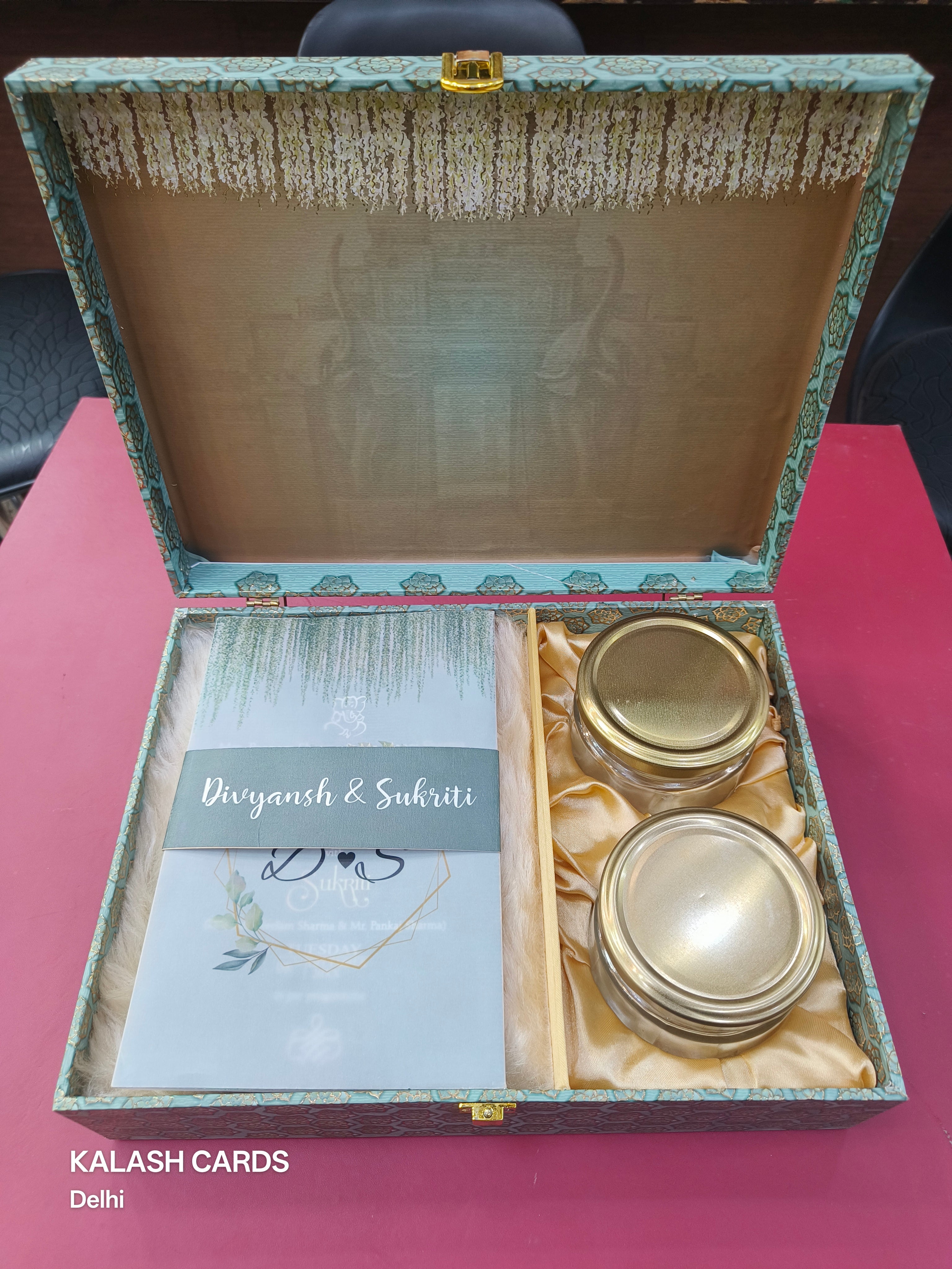 KL9084 Exclusive Floral Border Design Wood MDF Luxury Gift Box with 2 Page Translucent Cover Card (2 L1 Jars)-Kalash Cards
