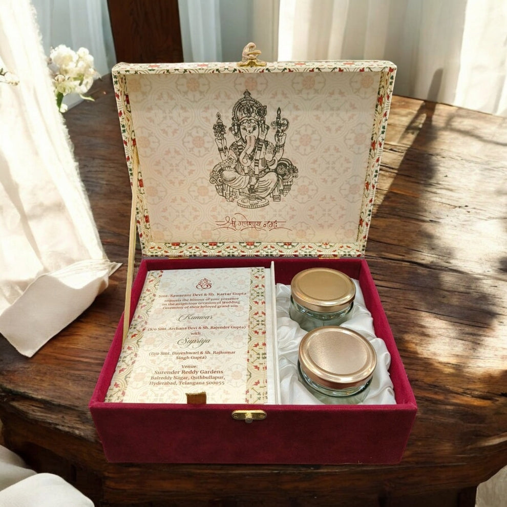 KL9115 Velvet Fabric Mithai and Dry Fruit MDF Wedding Gift Box with 2 Card Inserts (4 Jars)-Kalash Cards