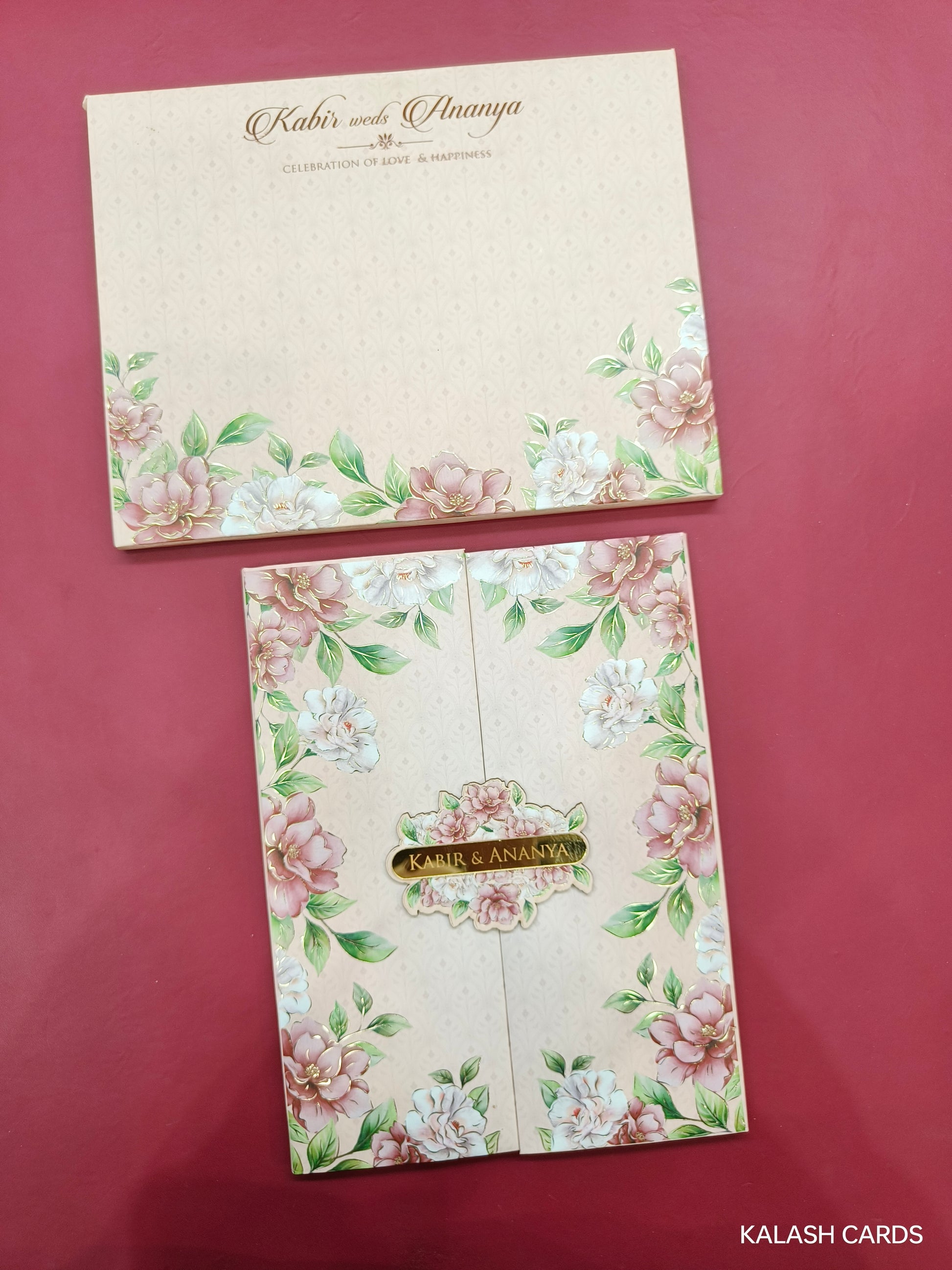 KLB700* Luxury Floral Design Hardbound Padding Thick Wedding Card with Couple Name Acrylic Mirror-Kalash Cards