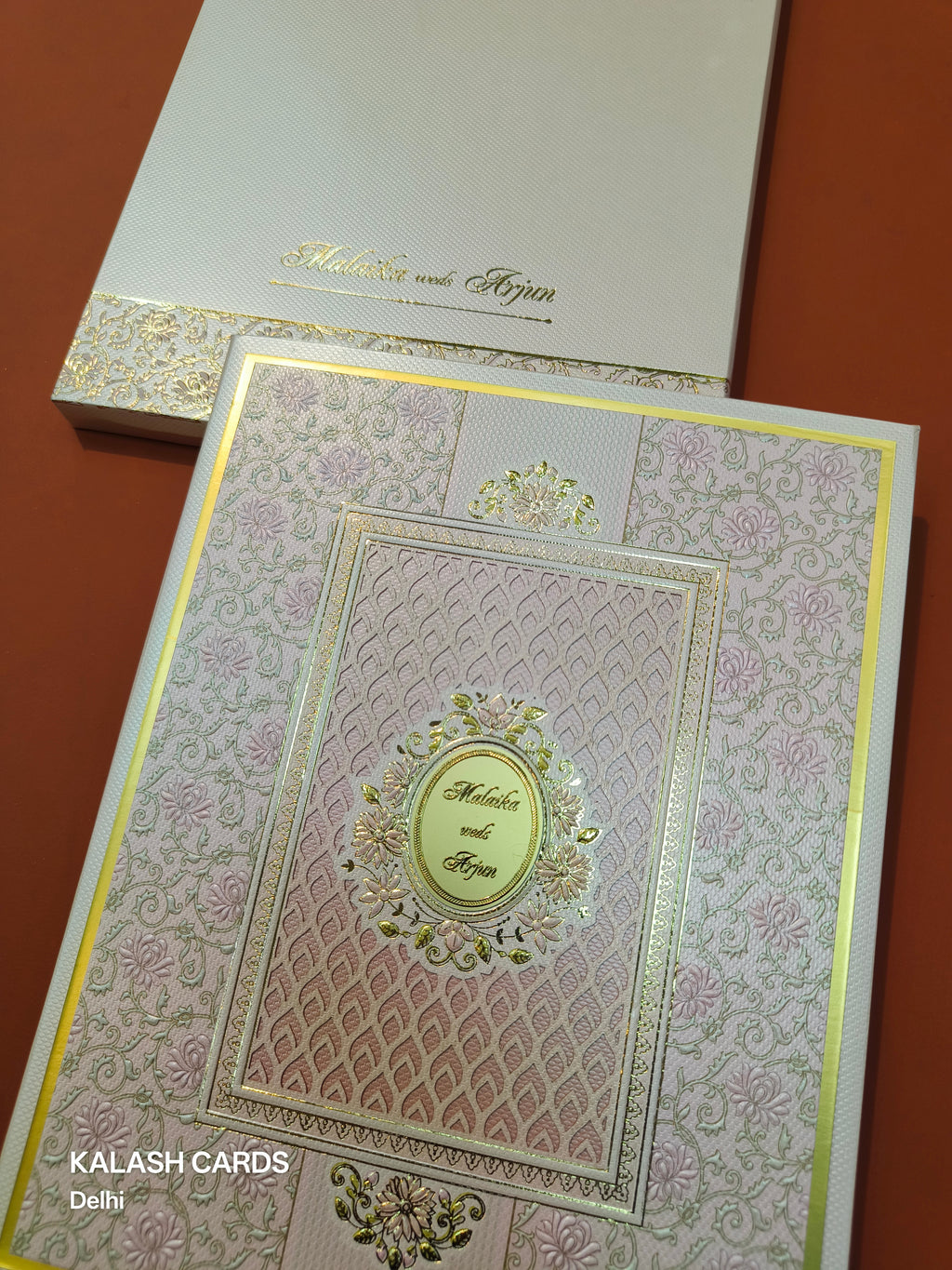 KLB528 Light Pink Jharokha Theme Laser Cut Work Hardboard Padding Thick Wedding Card (2 Thick Page & Couple Name)-Kalash Cards