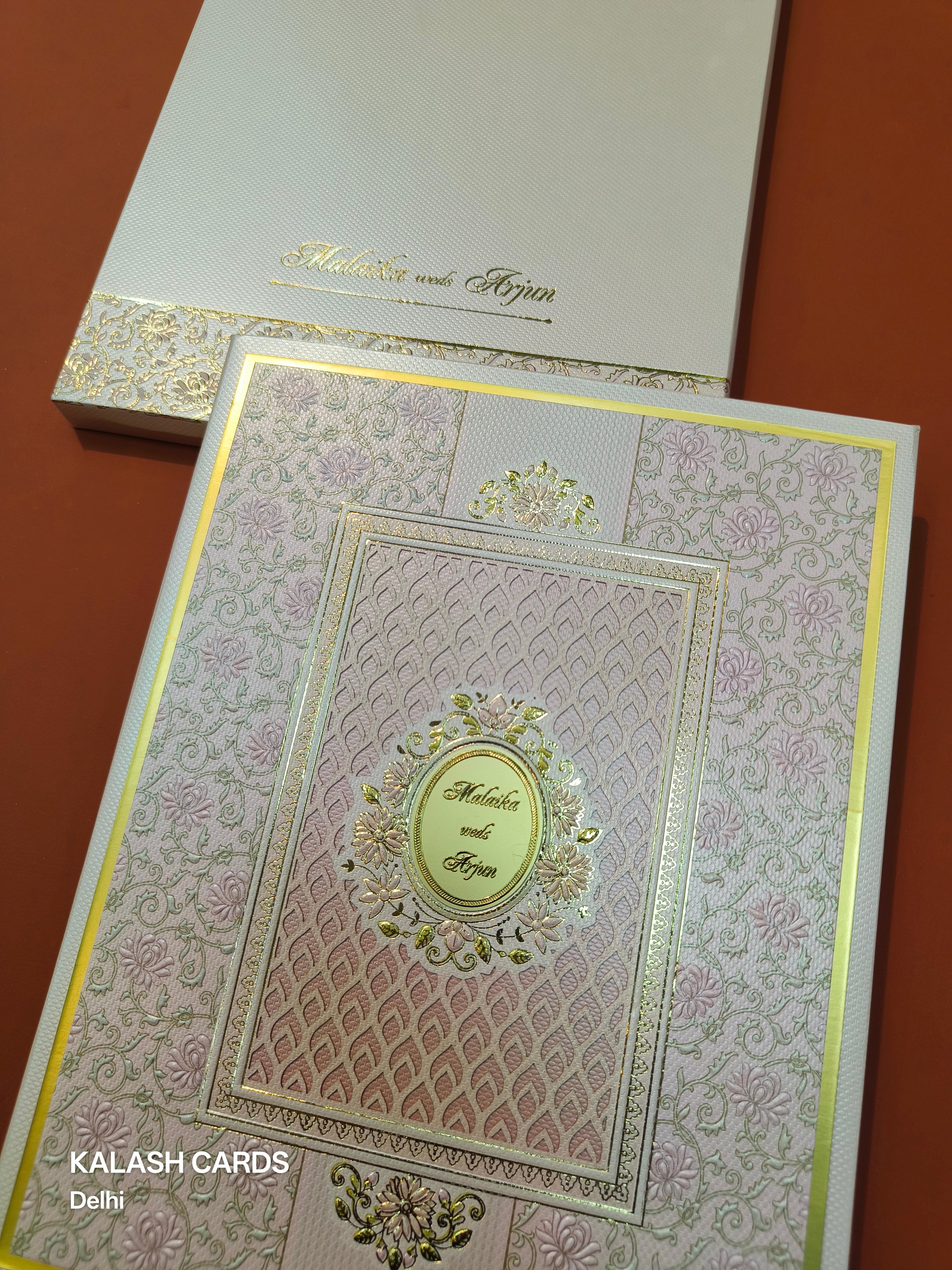 KLB528 Light Pink Jharokha Theme Laser Cut Work Hardboard Padding Thick Wedding Card (2 Thick Page & Couple Name)-Kalash Cards