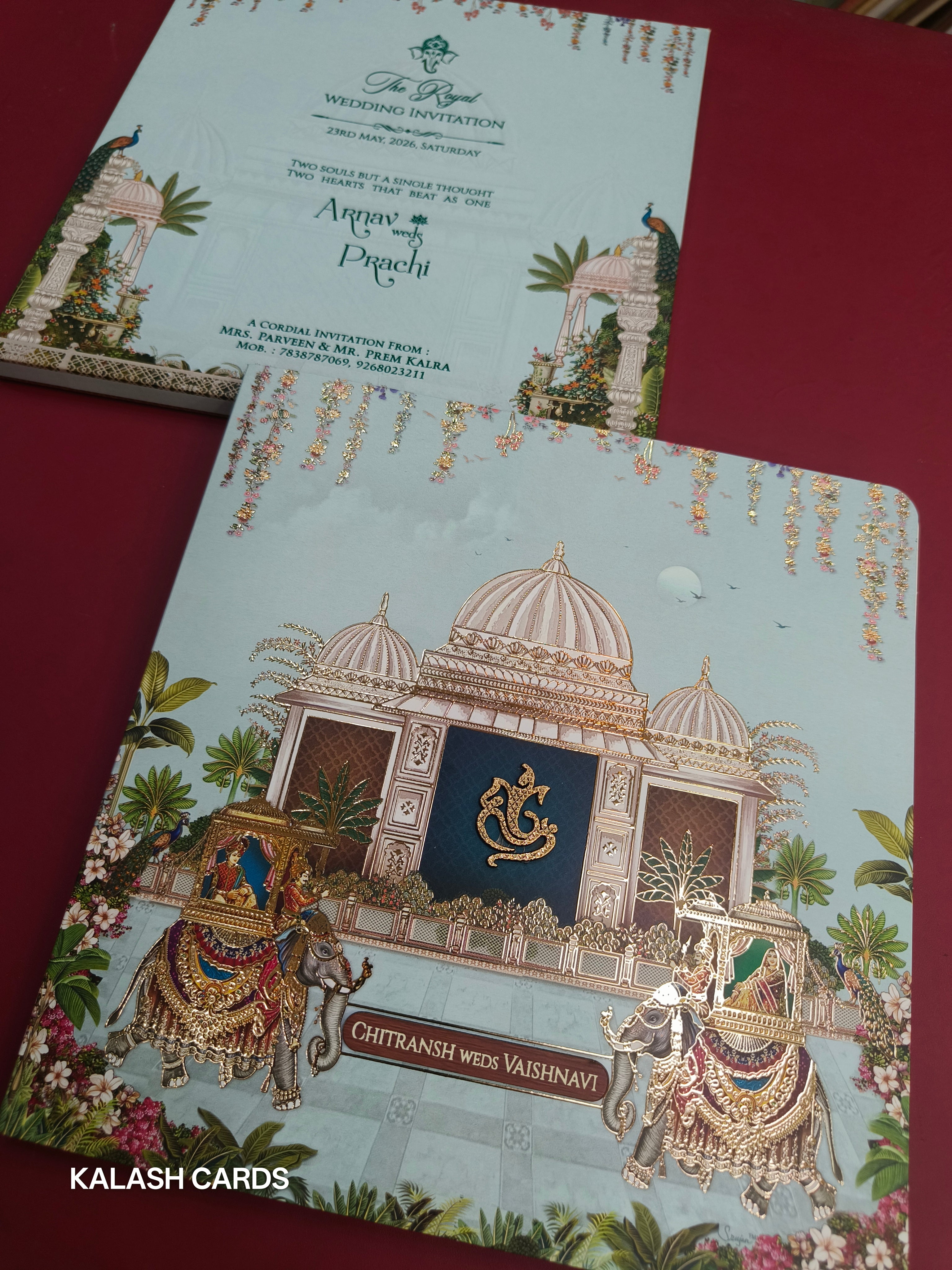 KLB524 Elephant Theme Premium Gold Foil Design Semi Box Paper Wedding Card (2 Page)-Kalash Cards
