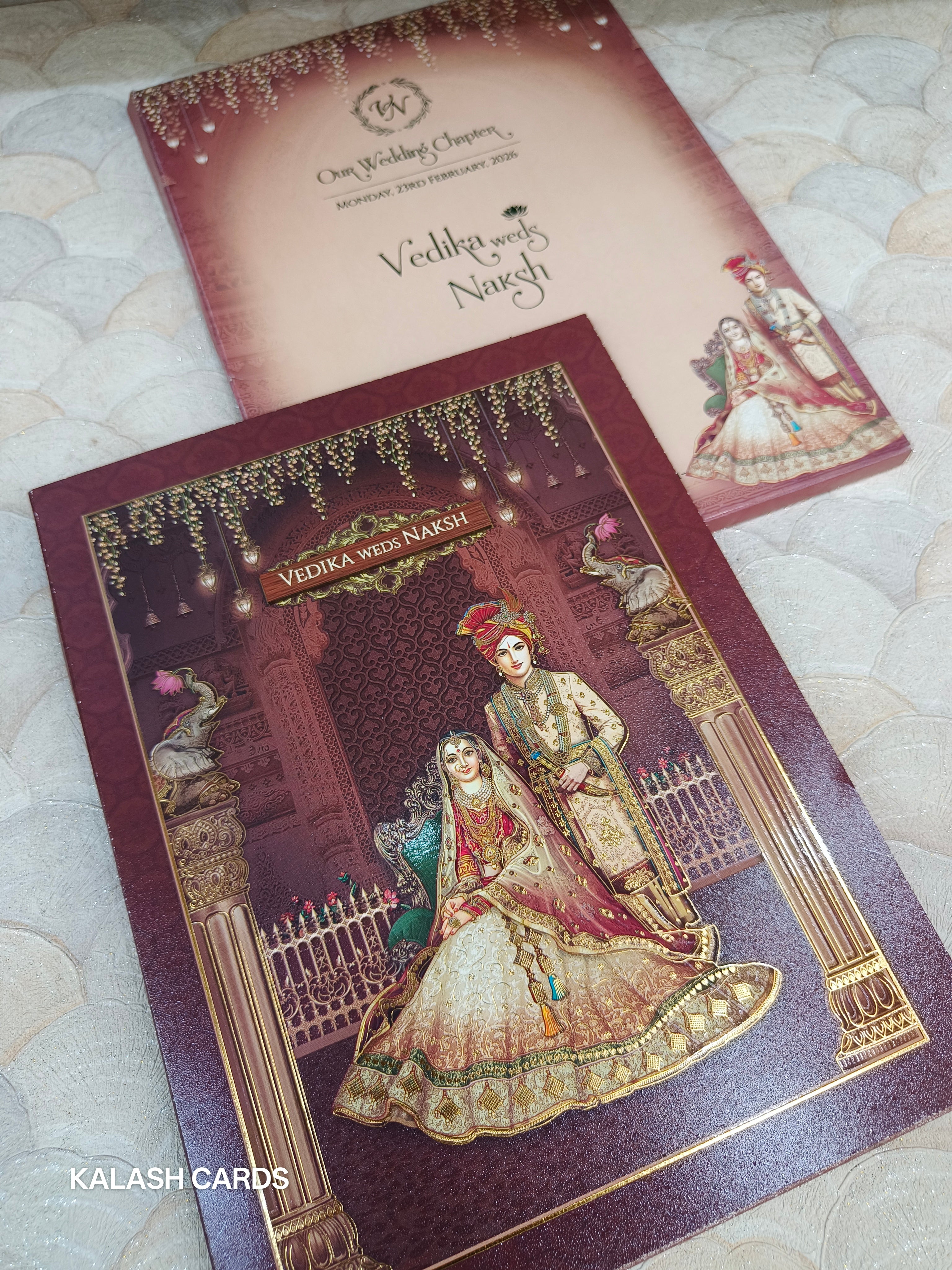 KLB532 Raja Rani Design Semi Box Paper Wedding Card (2 Page)-Kalash Cards