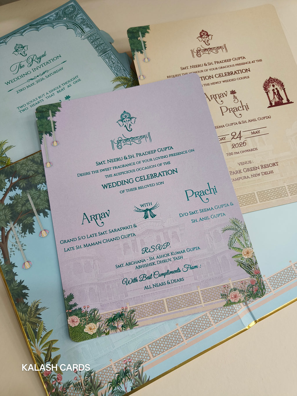 KLB514 Royal Fort Theme Hardboard Padding Thick Wedding Card (2 Page & 1 Etched Mirror)-Kalash Cards