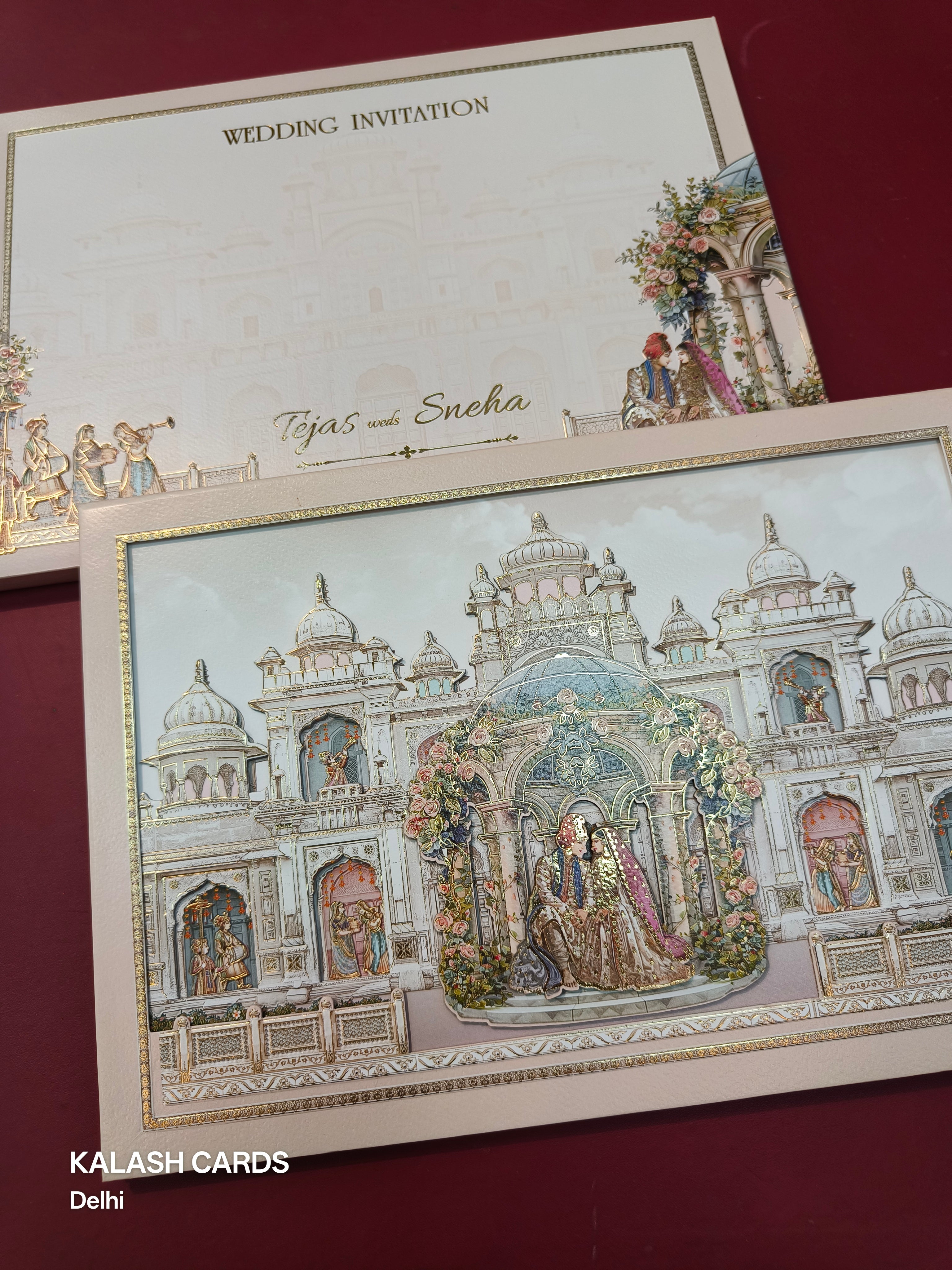 KLB518 Royal Fort Theme Glitter Gold Laser Cut Work Hardboard Padding Thick Wedding Card (2 Thick Page)-Kalash Cards