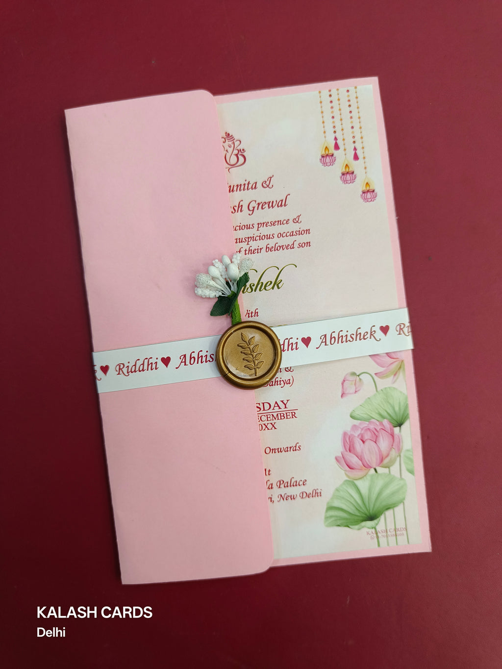 KL2173 Floral Theme Minimal Wedding Card with Flower Seal & Band (1 Page) - Pack of 10 Qty-Kalash Cards