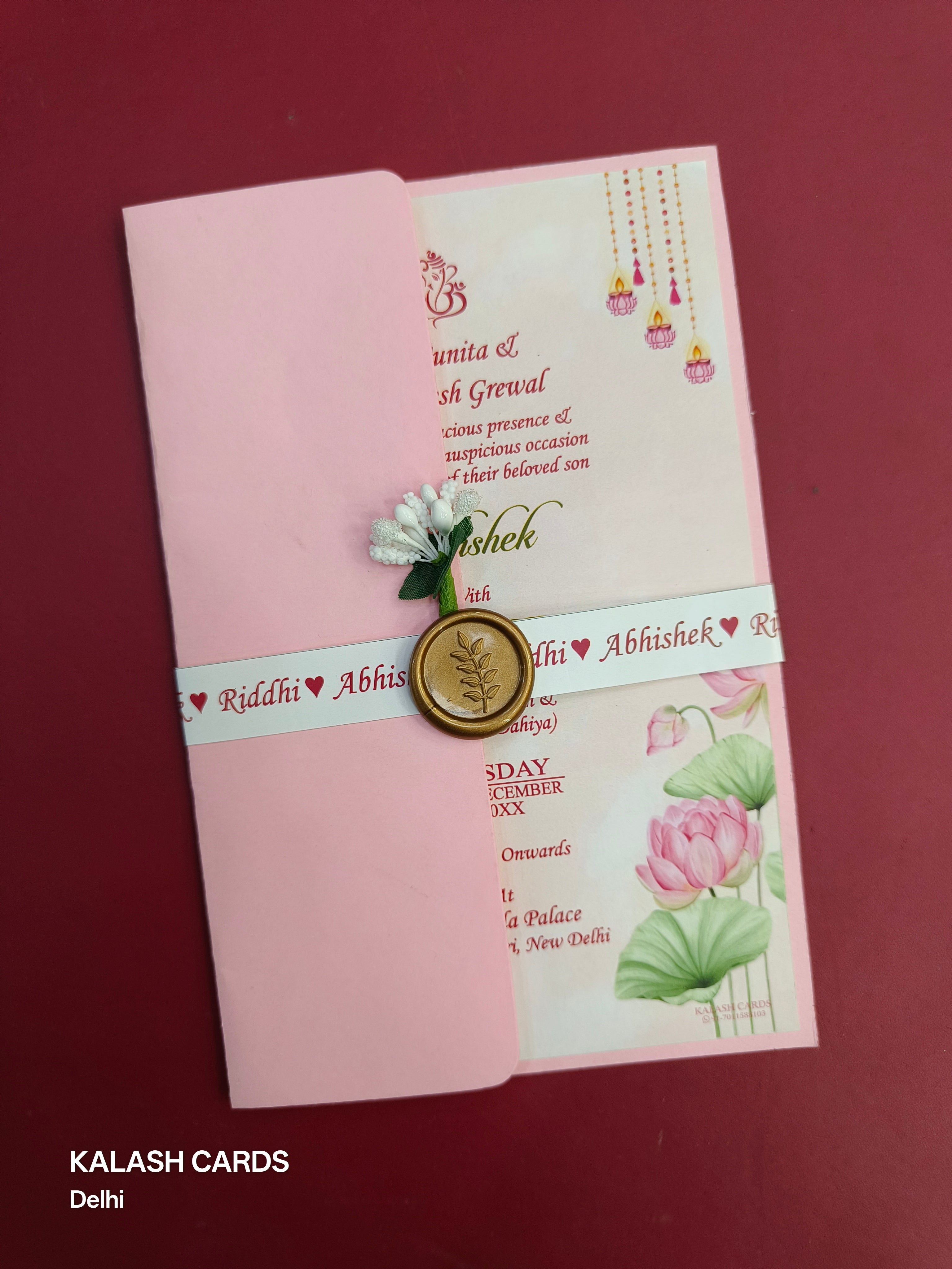 KL2173 Floral Theme Minimal Wedding Card with Flower Seal & Band (1 Page) - Pack of 10 Qty-Kalash Cards