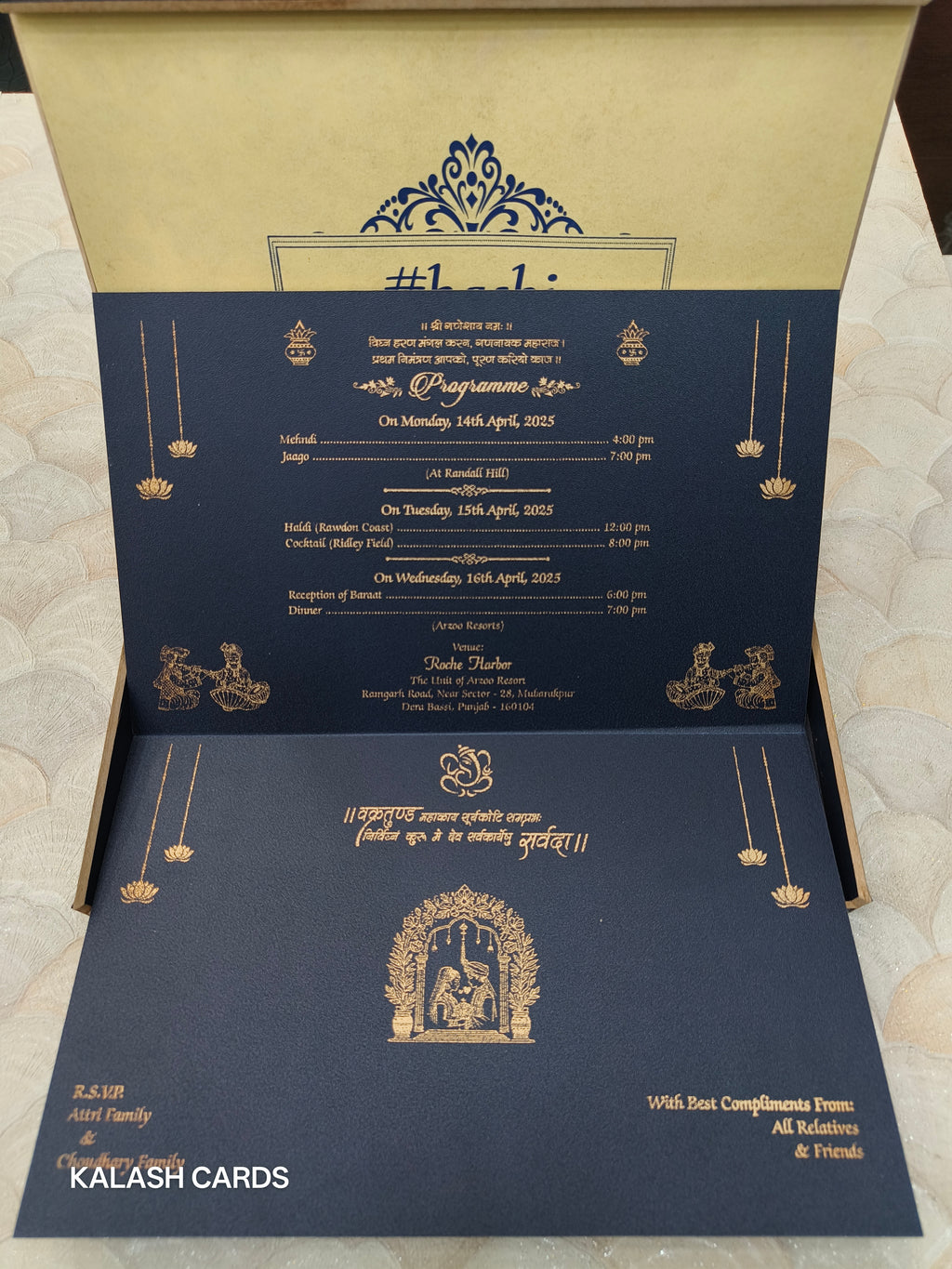 KLB599 Royal Blue Floral Design Lasercut Luxury Wooden Wedding Card with 2 Fold Page Inserts and Lasercut Couple Name-Kalash Cards