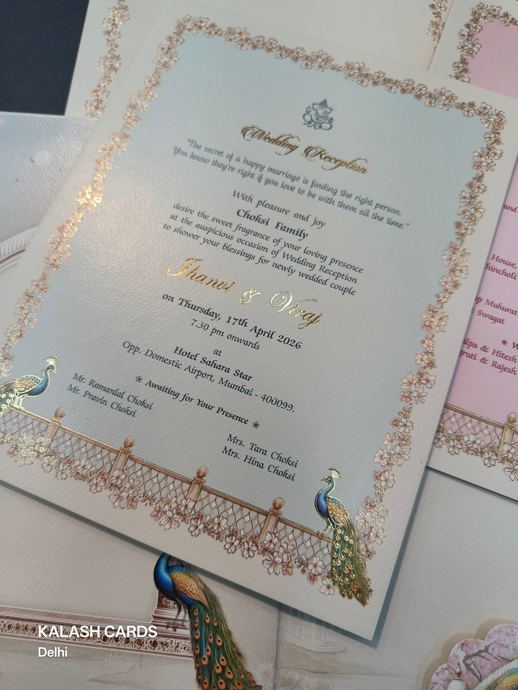 KLB508 Peacock Theme Glitter Gold Laser Cut Work Hardboard Padding Thick Wedding Card (2 Thick Page)-Kalash Cards
