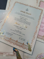 KLB508 Peacock Theme Glitter Gold Laser Cut Work Hardboard Padding Thick Wedding Card (2 Thick Page)-Kalash Cards