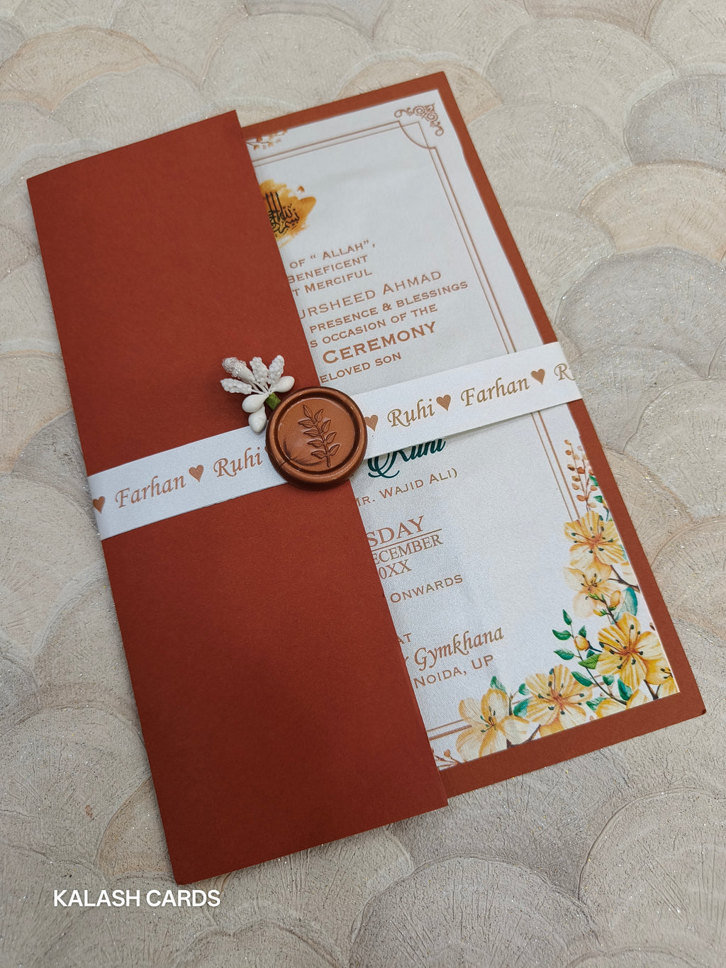KL2133 Minimal Floral Design Wedding Card with Flower Seal and Band (1 Page)-Kalash Cards