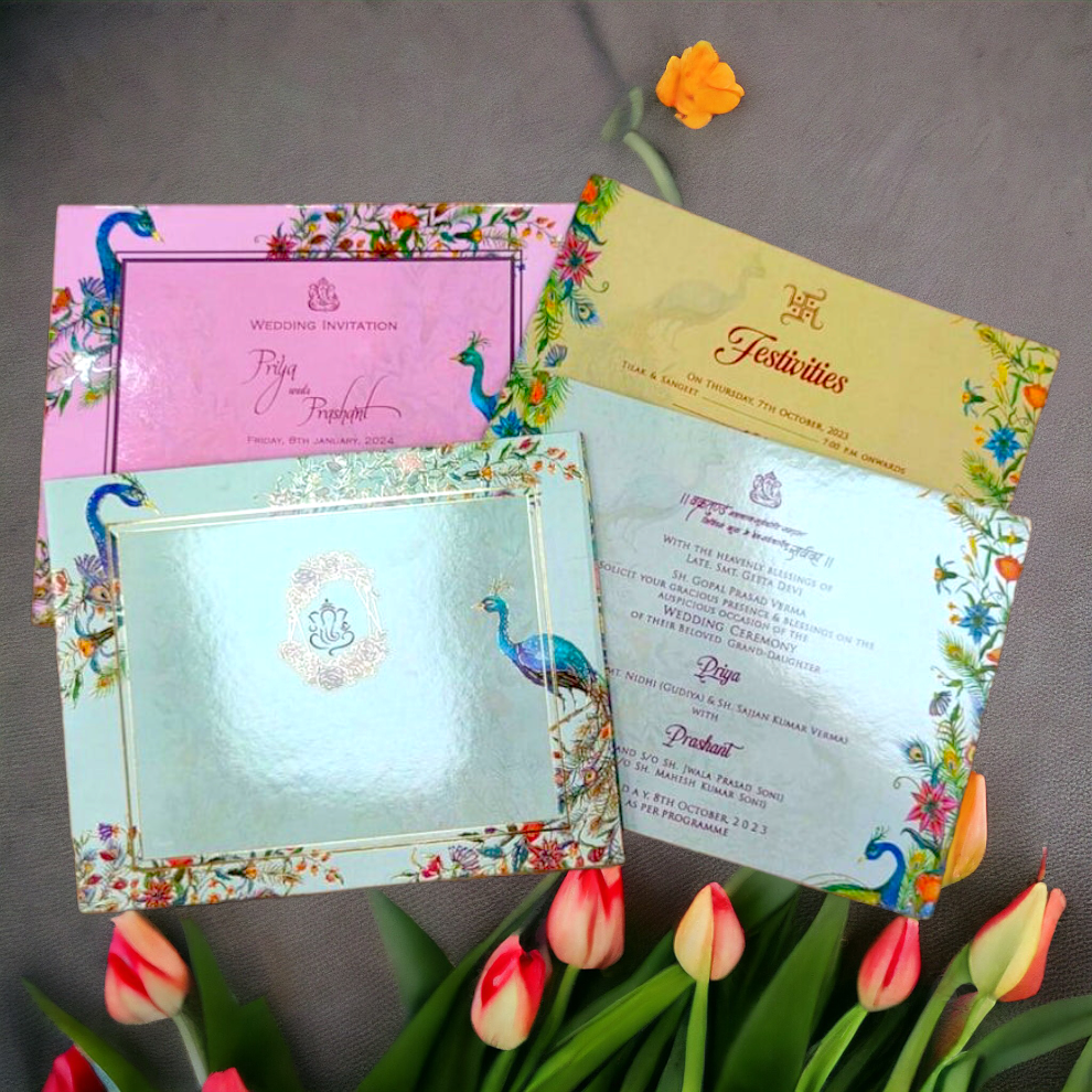 KL0194 Peacock Design Semi Box Paper Wedding Card-Kalash Cards