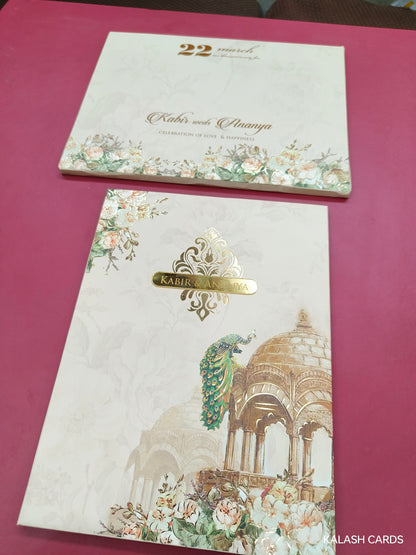 KLB701* Traditional Fort Peacock Design Hardbound Padding Thick Wedding Card with Couple Name Acrylic Mirror-Kalash Cards