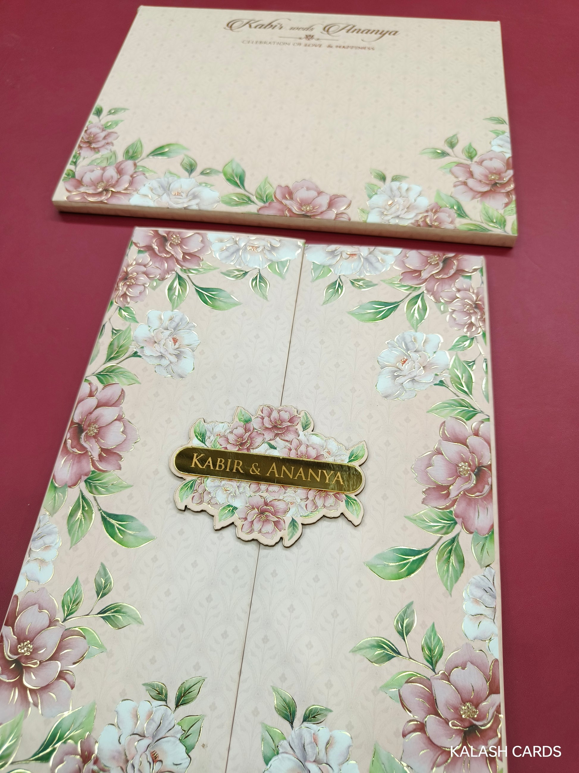 KLB700* Luxury Floral Design Hardbound Padding Thick Wedding Card with Couple Name Acrylic Mirror-Kalash Cards