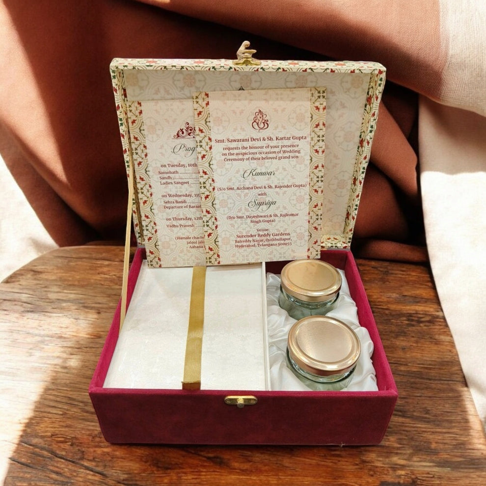 KL9115 Velvet Fabric Mithai and Dry Fruit MDF Wedding Gift Box with 2 Card Inserts (4 Jars)-Kalash Cards