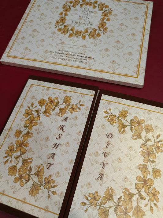 KL2130 Floral Design Door Style Velvet Fabric Thick Luxury Wedding Card with 2 Cards and Envelope-Kalash Cards