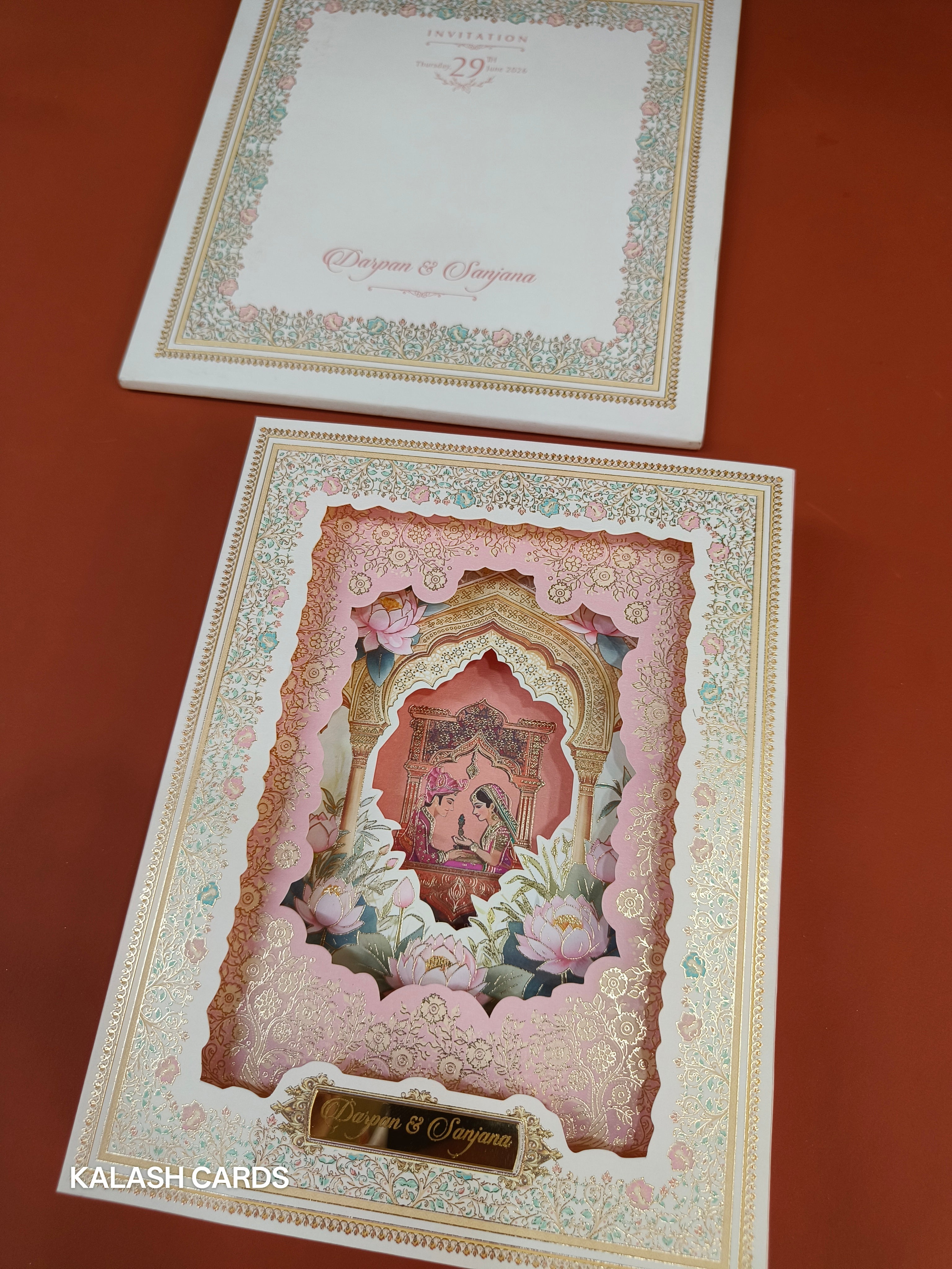 KLB565 Dulha Dulhan Floral Frame 3D Popup Semi Box Wedding Card (2 Page)-Kalash Cards
