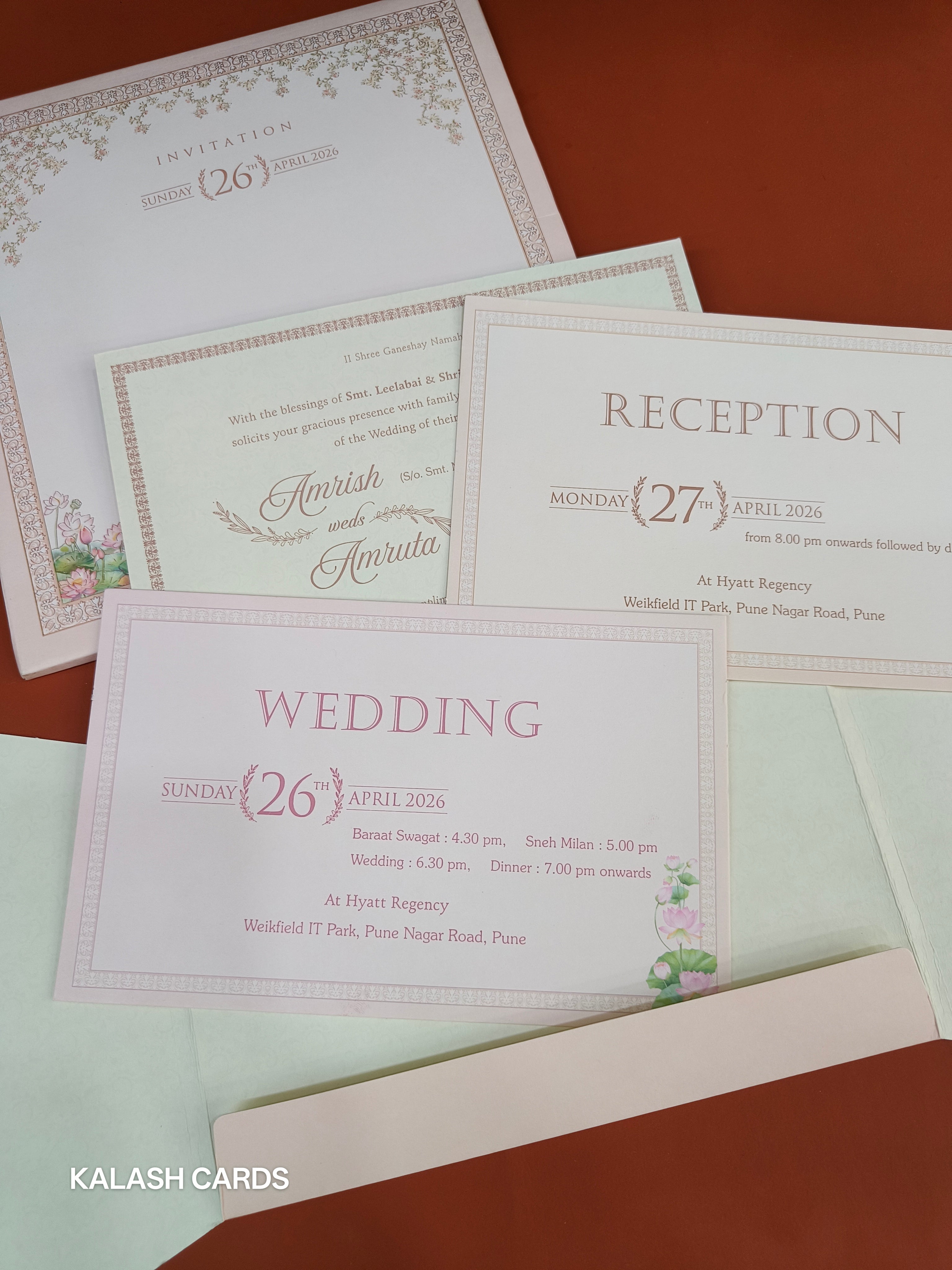 KLB503 Pastel Pink Lotus Theme Semi Box Wedding Card (2 Page)-Kalash Cards