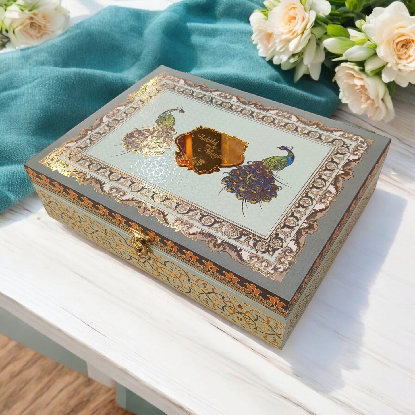 KL9043B Traditional Peacock Design Luxury MDF Wedding Gift Box with 2 Printed Card Inserts (2 Jars)-Kalash Cards