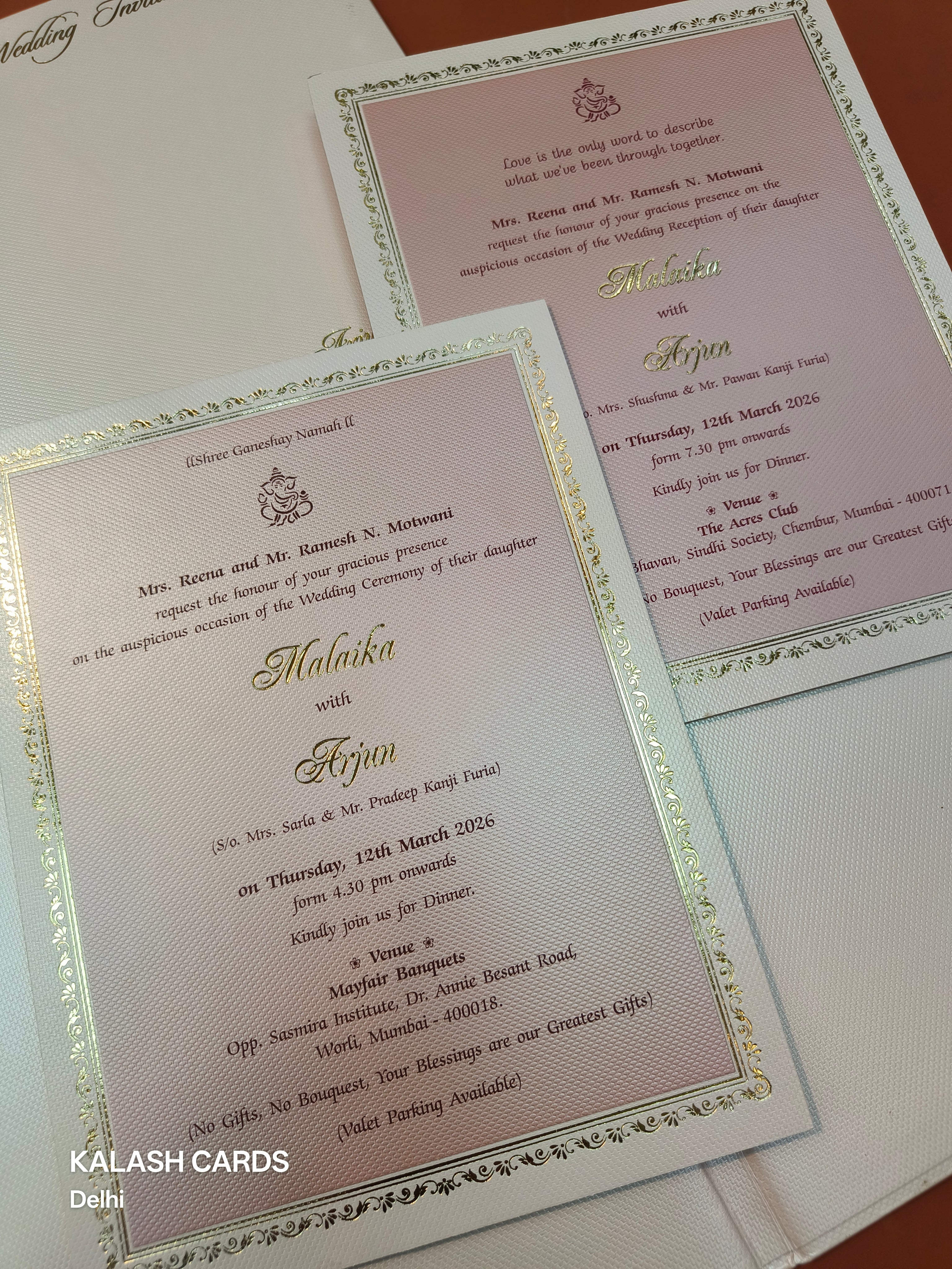 KLB528 Light Pink Jharokha Theme Laser Cut Work Hardboard Padding Thick Wedding Card (2 Thick Page & Couple Name)-Kalash Cards