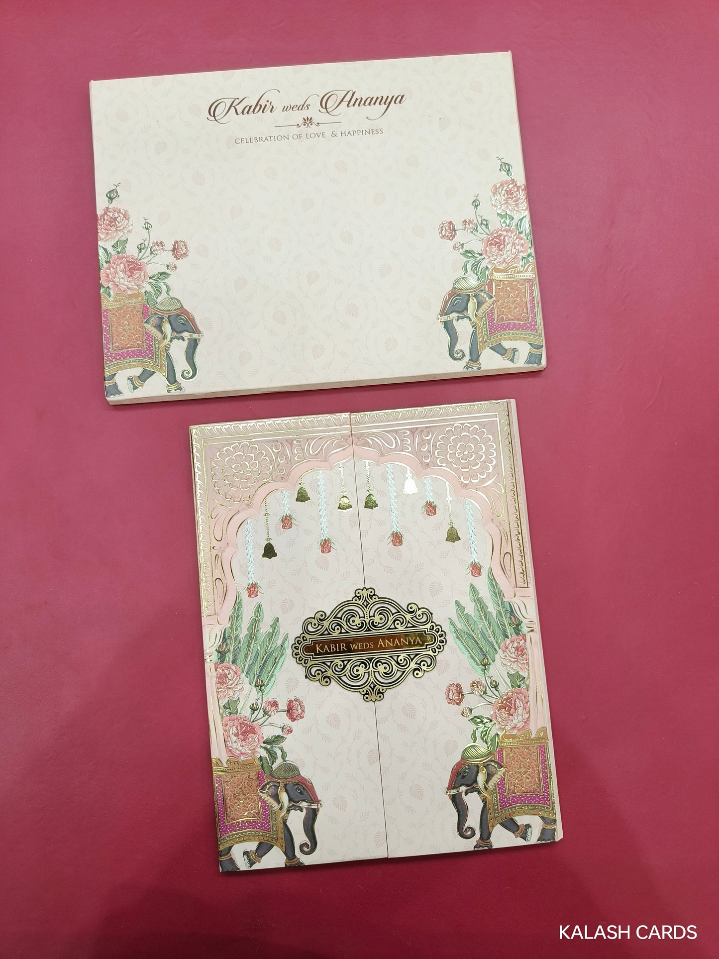 KLB695* Luxury Floral Elephant Design Hardbound Padding Thick Wedding Card with Couple Name Acrylic Mirror-Kalash Cards