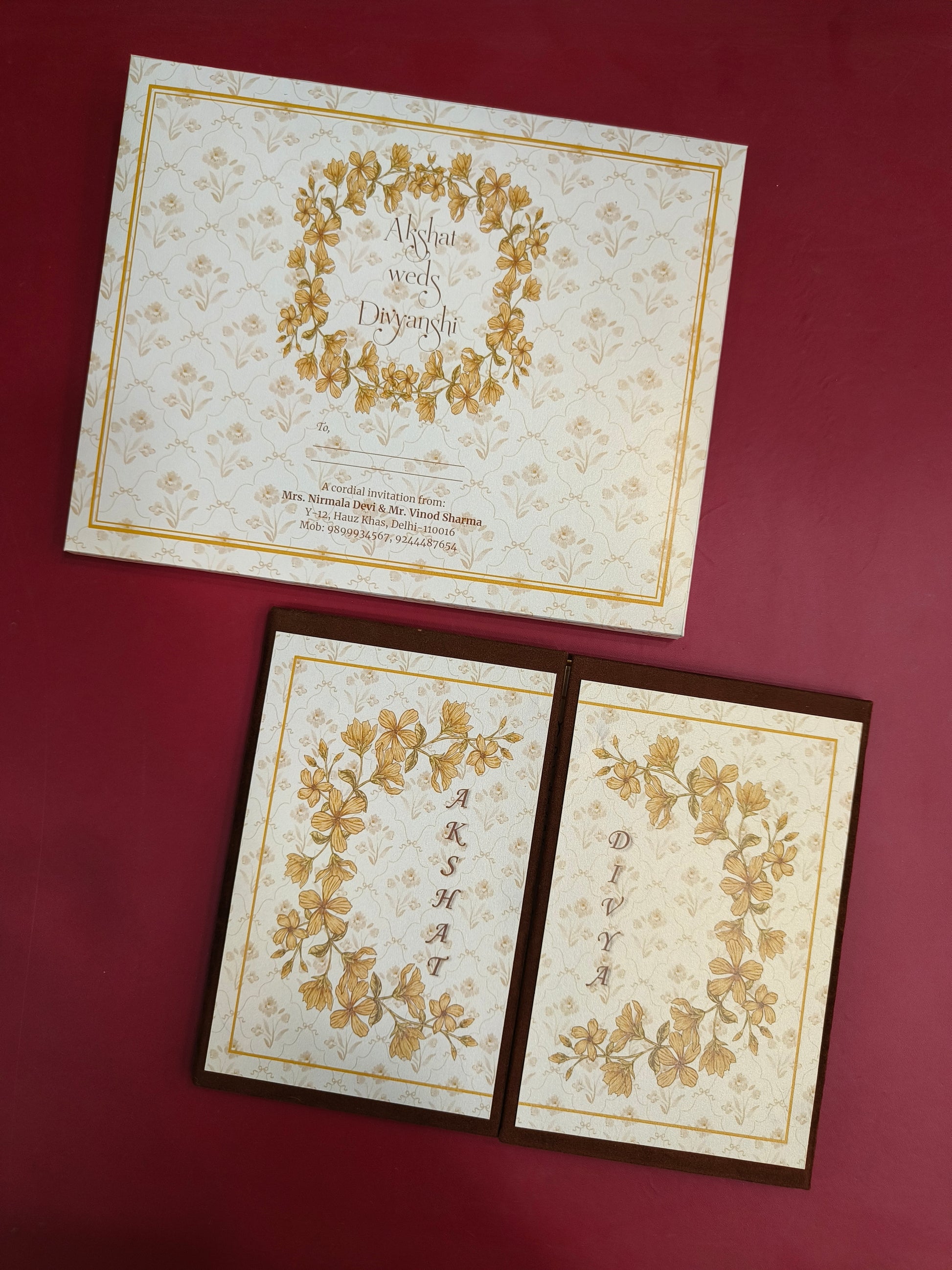 KL2130 Floral Design Door Style Velvet Fabric Thick Luxury Wedding Card with 2 Cards and Envelope-Kalash Cards