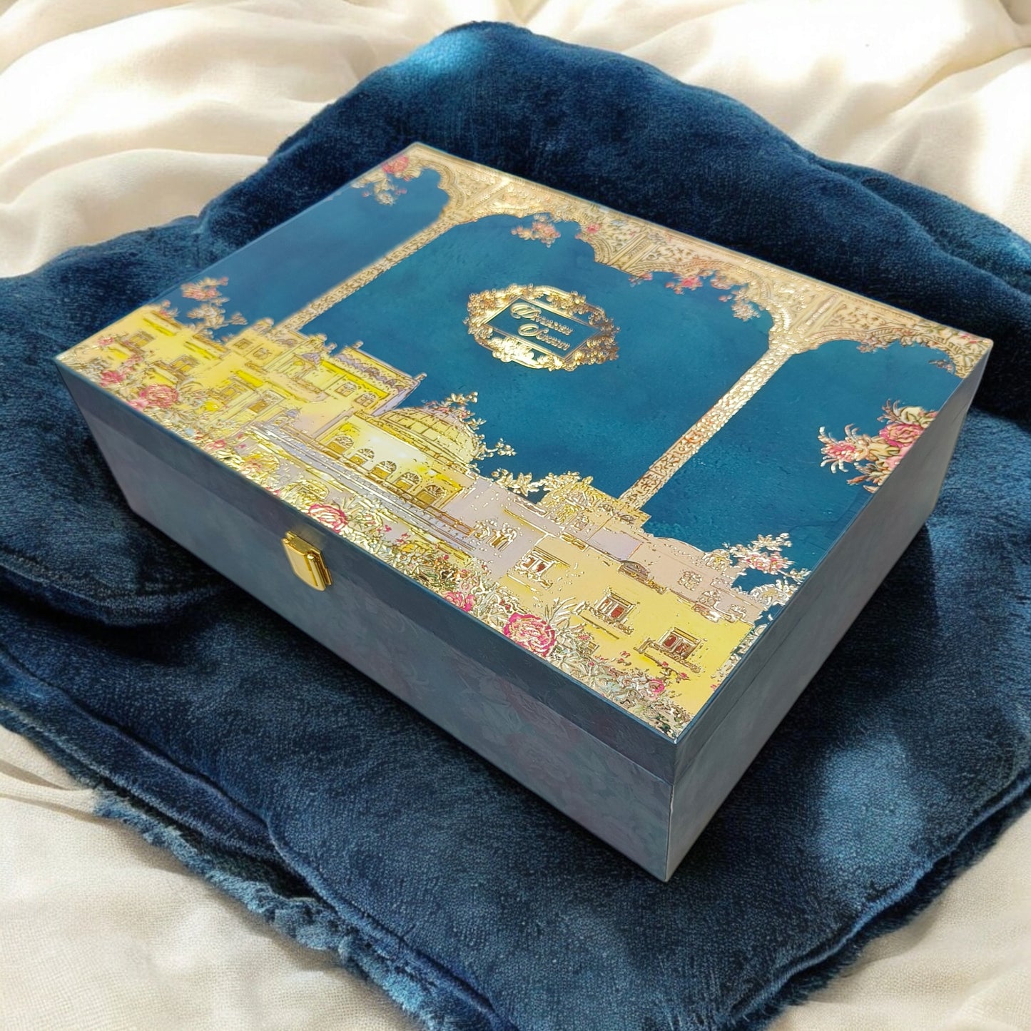 KL2136 Royal Fort Design MDF Wedding Gift Box with Customisable 2 Gold Foil Printed Cards (2 Jars)-Kalash Cards