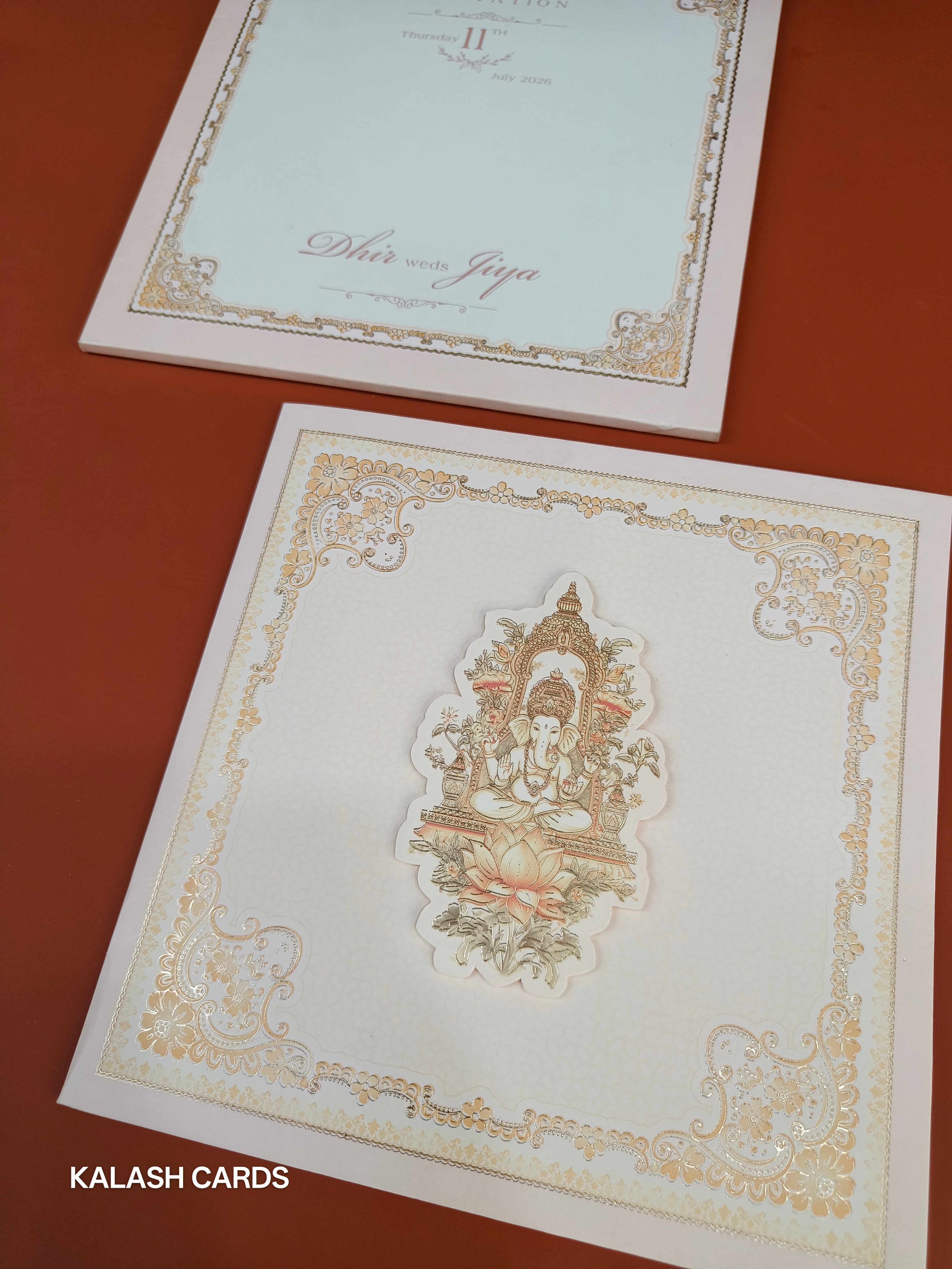 KLB551 Pastel Ganpati & Floral Frame Semi Box Wedding Card (2 Page)-Kalash Cards