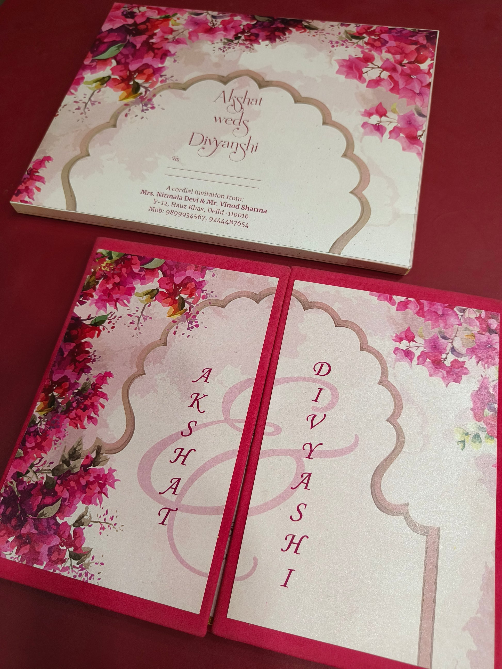 KL2111 Floral Design Door Style Velvet Fabric Thick Luxury Wedding Card with 2 Cards and Envelope-Kalash Cards