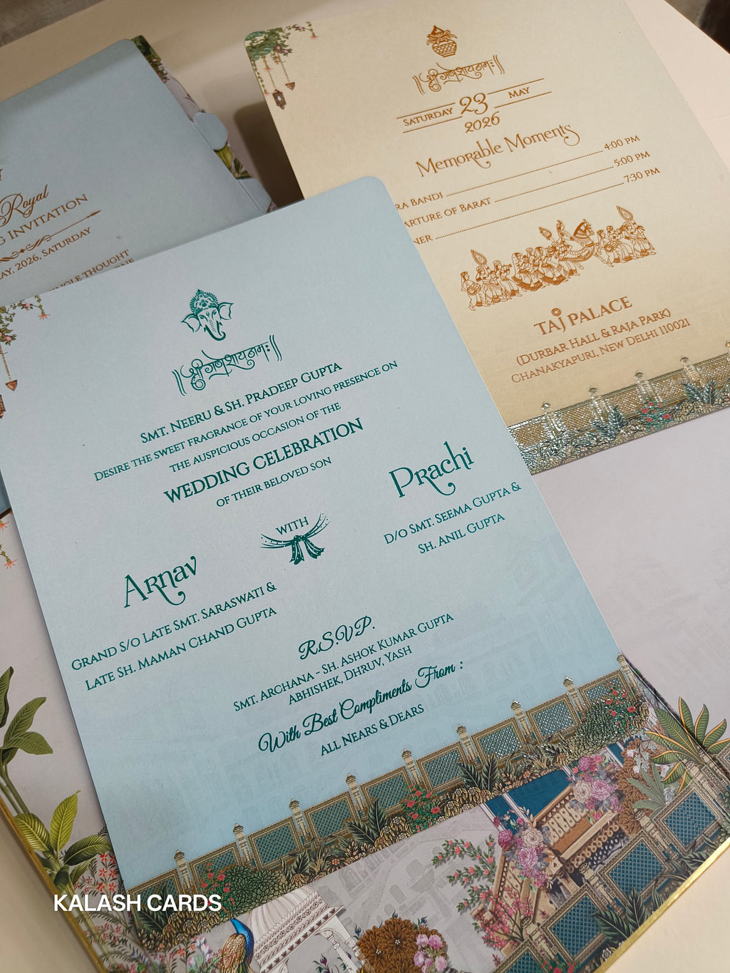 KLB520 Royal Fort Pichwai Theme Hardboard Padding Thick Wedding Card (2 Page & 1 Etched Mirror)-Kalash Cards