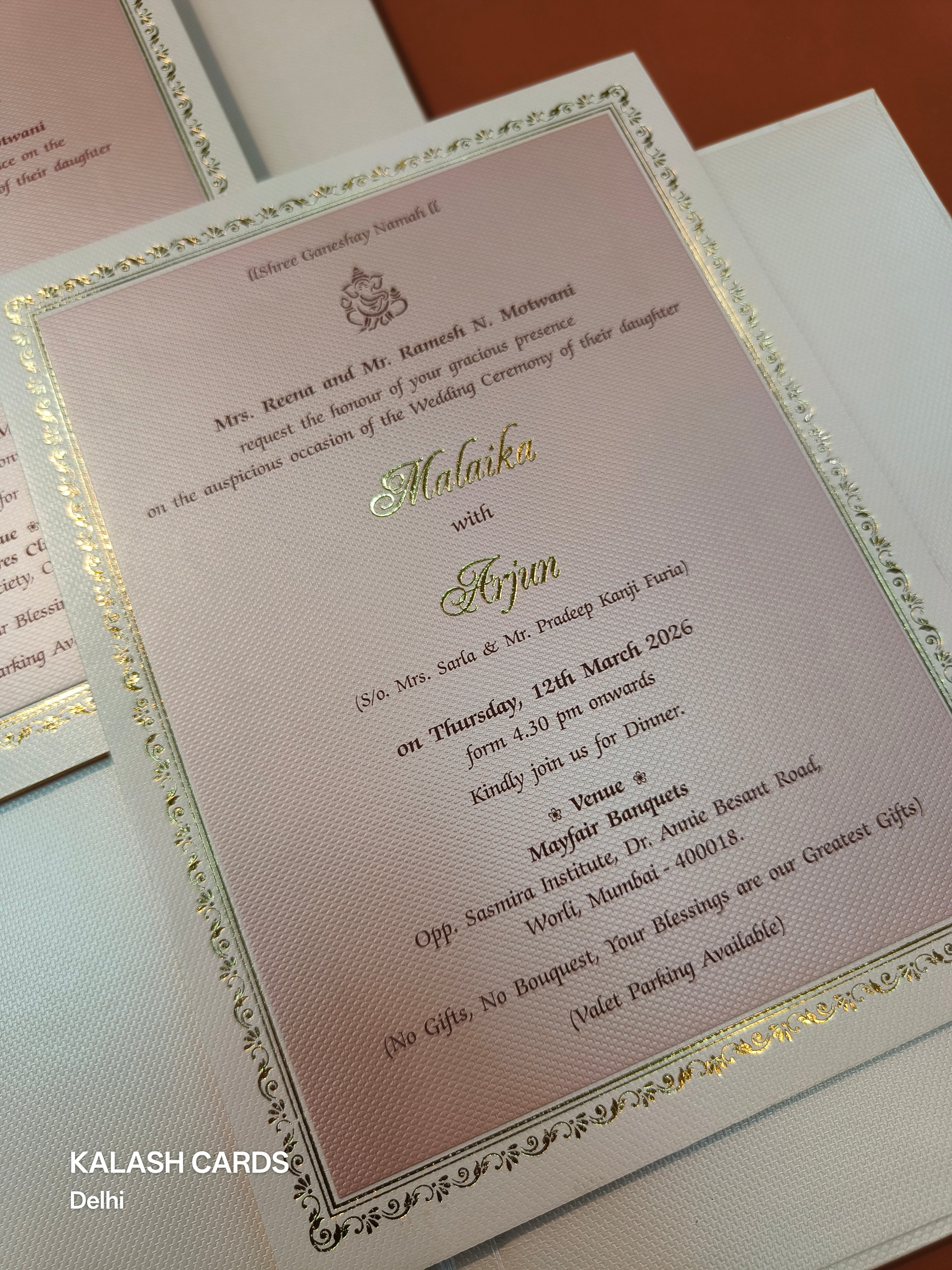 KLB528 Light Pink Jharokha Theme Laser Cut Work Hardboard Padding Thick Wedding Card (2 Thick Page & Couple Name)-Kalash Cards