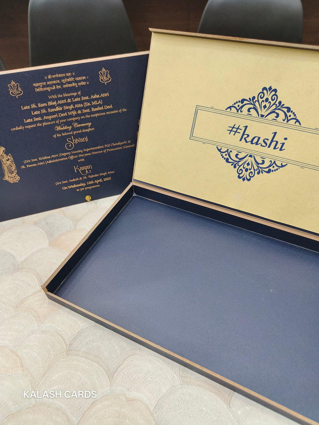 KLB599 Royal Blue Floral Design Lasercut Luxury Wooden Wedding Card with 2 Fold Page Inserts and Lasercut Couple Name-Kalash Cards