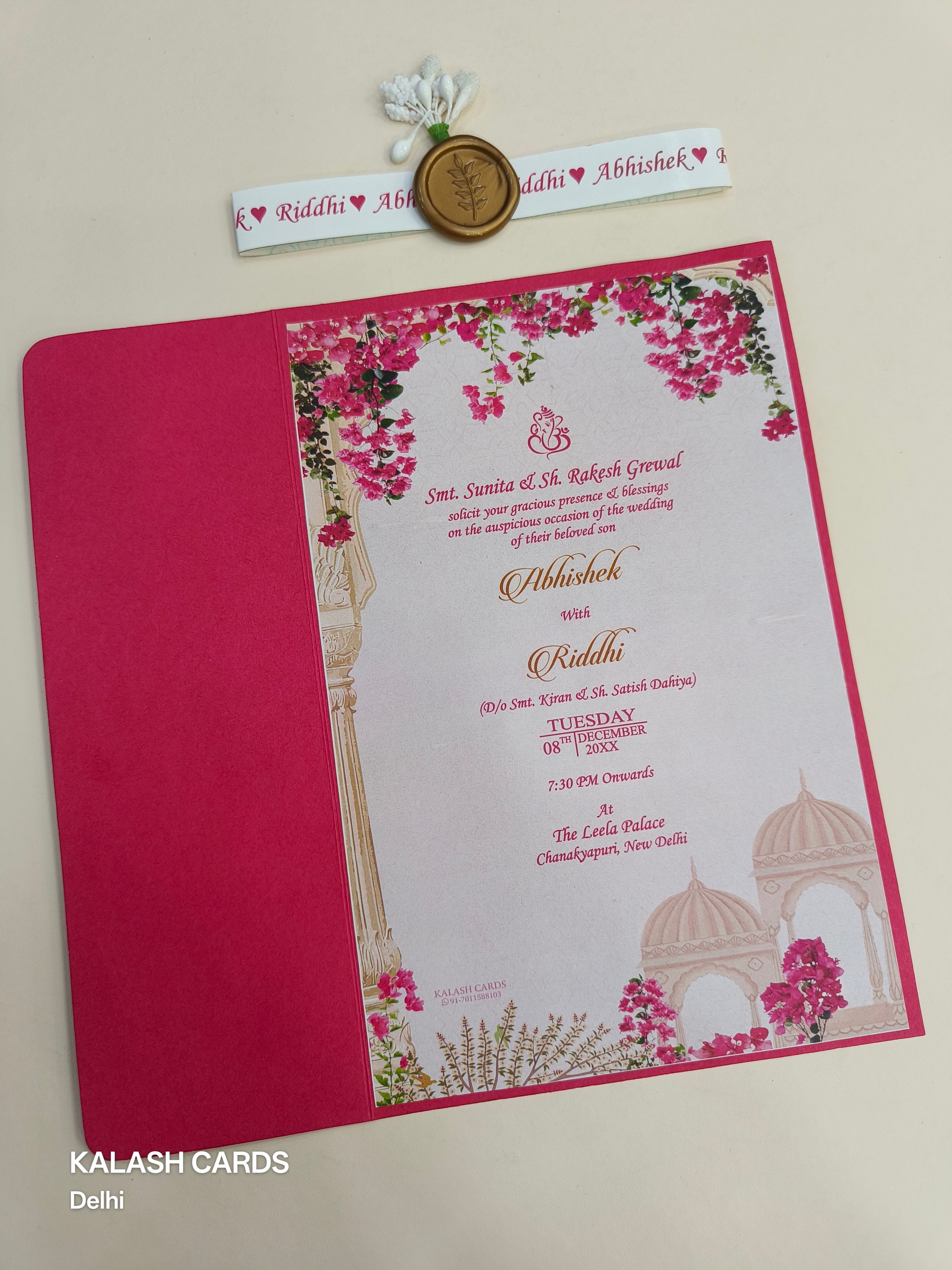 KL2156 Floral Theme Minimal Wedding Card with Flower Seal & Band (1 Page) - Pack of 10 Qty-Kalash Cards