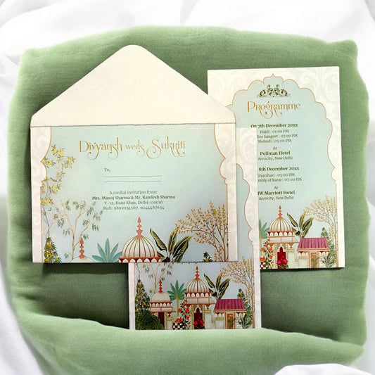 KL2218 Royal Fort Design Luxury Wedding Invitation Card with 2 Printed Cards and Matching Envelope-Kalash Cards