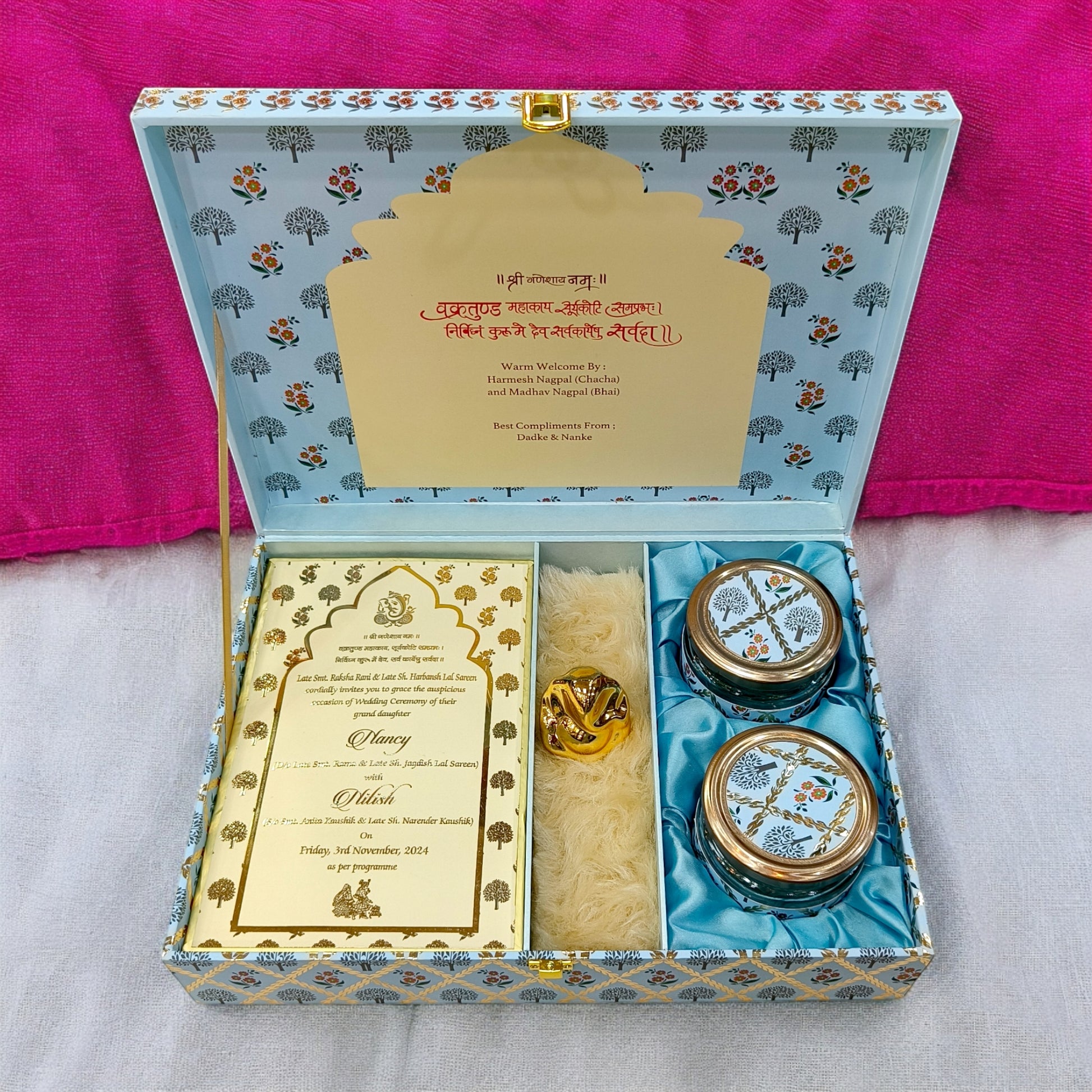 KL220 Floral Damask Design MDF Wedding Gift Box with Customisable 2 Gold Foil Printed Cards and Ganpati Murti (2 Jars)-Kalash Cards