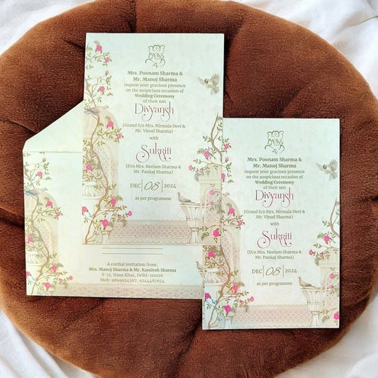 KL2215 Traditional Floral Design Luxury Wedding Invitation Card with 2 Printed Cards & Matching Envelope