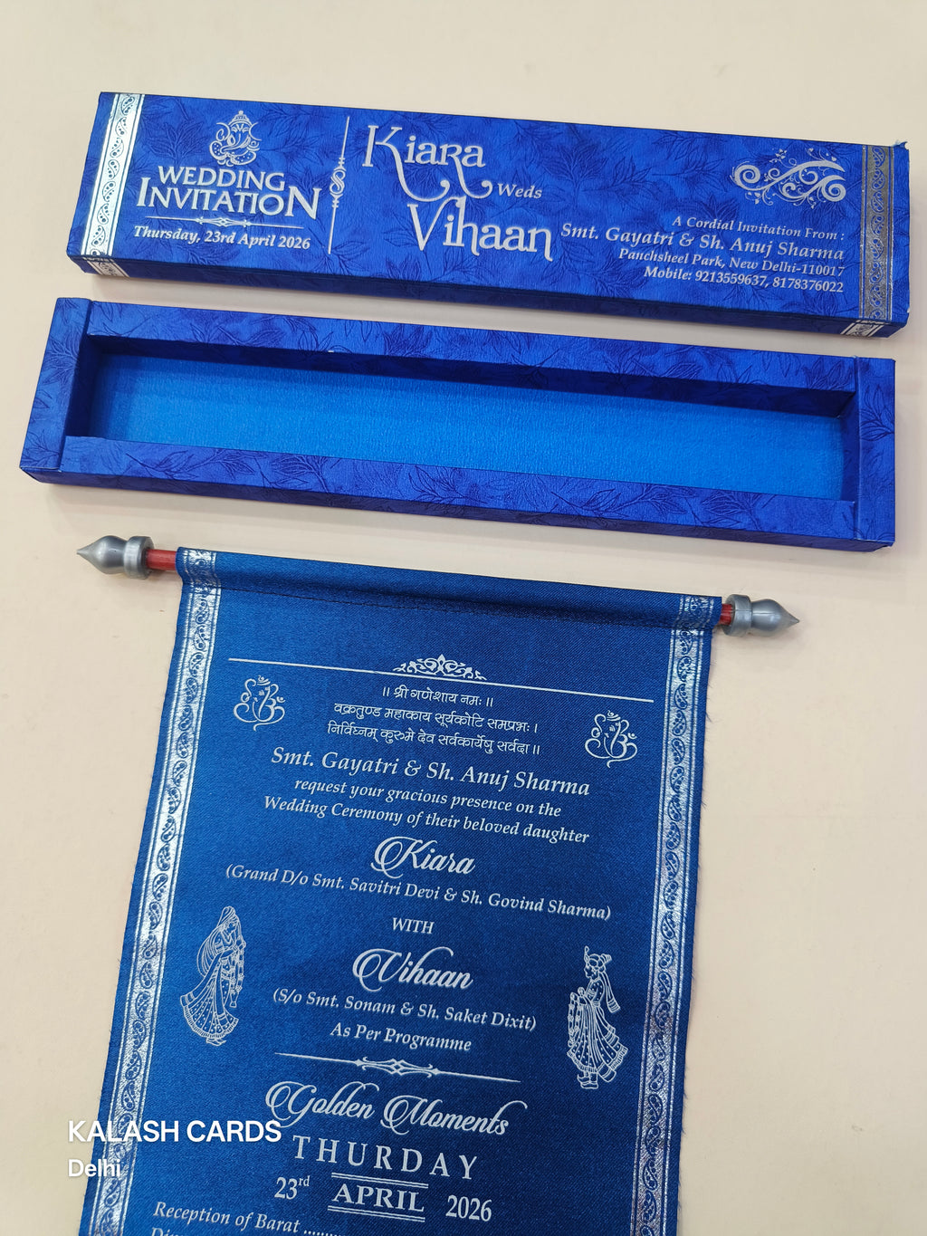 KL17 Blue Satin Fabric Scroll Wedding Card with Matching Box-Kalash Cards