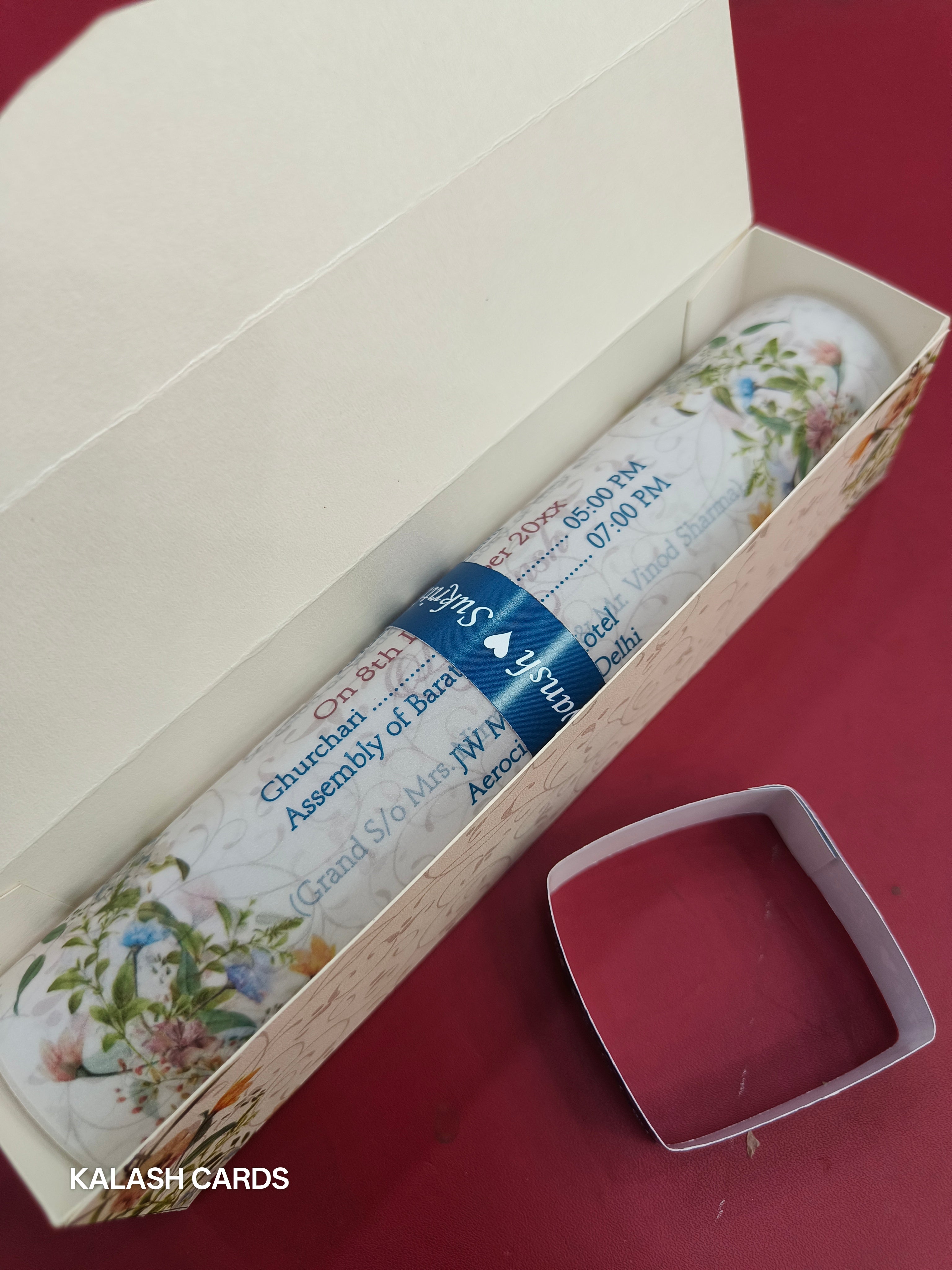 KL2152 Luxury Translucent Scroll Wedding Card with Matching Box Cover and Personalised Band-Kalash Cards