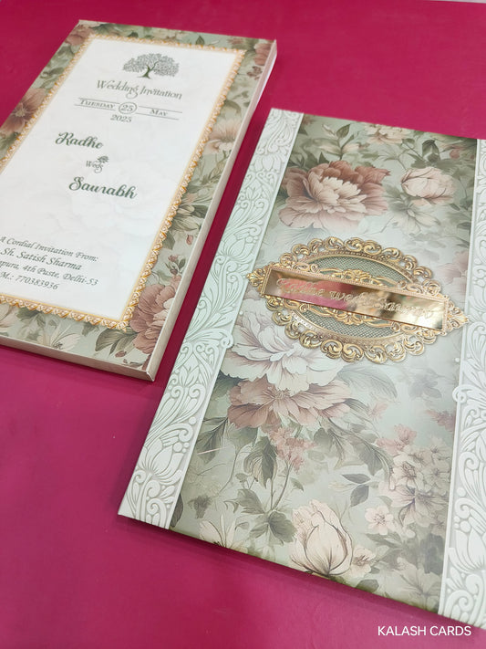 KLB731 Floral Design Hardbound Padding Thick Wedding Card with Couple Name Acrylic Mirror-Kalash Cards