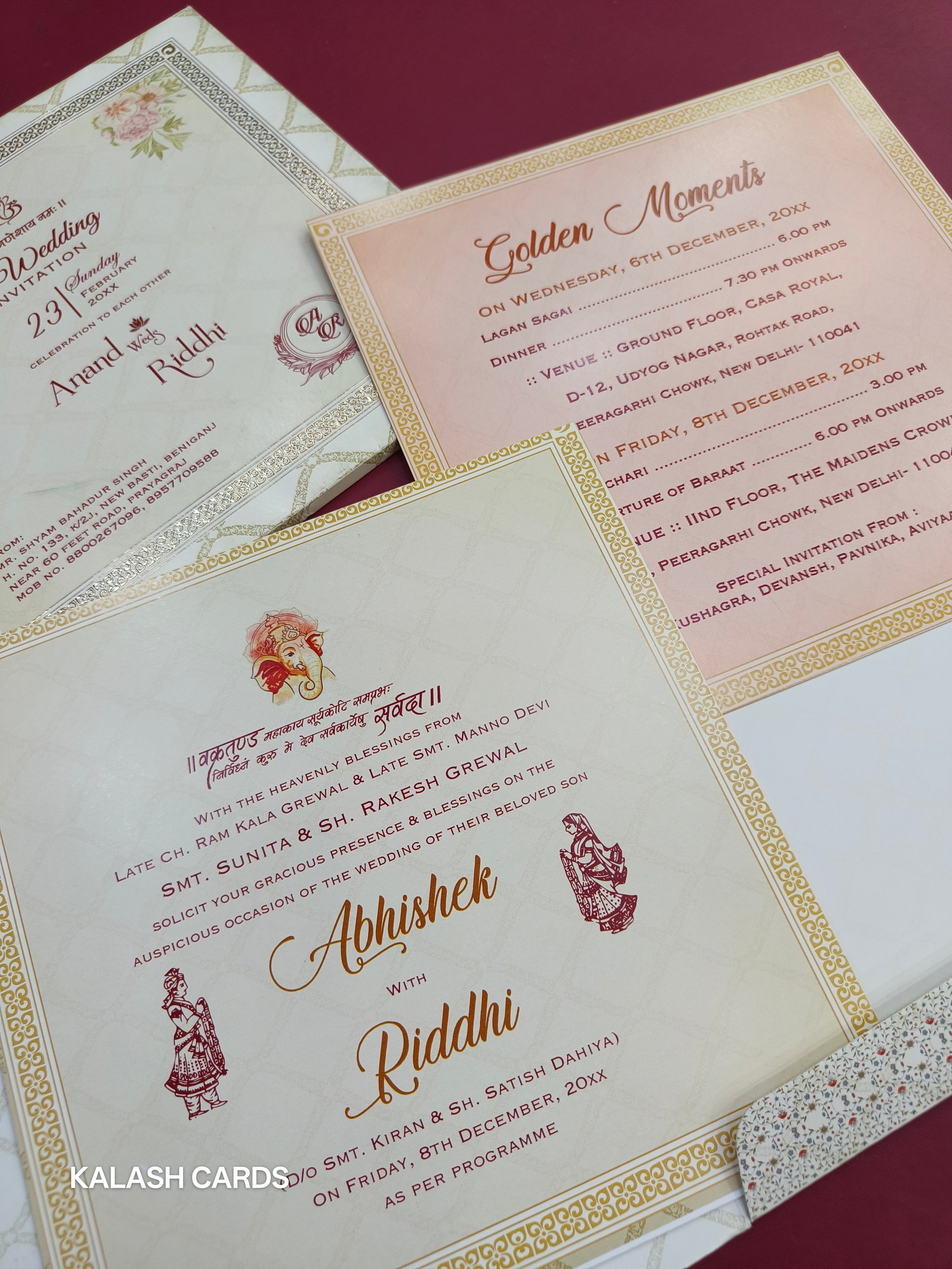 KLB517 Floral Design Elephant Theme Semi Box Paper Wedding Card (2 Page)-Kalash Cards